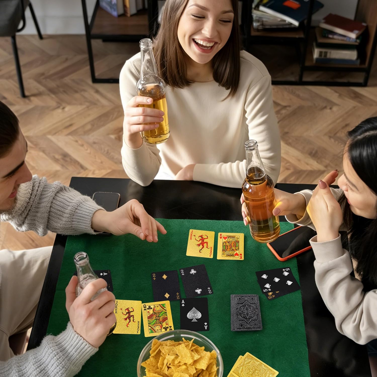 Playing Cards 2 Pack, Plastic Playing Cards Waterproof, Deck of Cards 2 Pack, Cool Black Palying Cards for Adults, Premium Standard Poker Card Set for Beach Pool Table Party Card Games (Black & Gold)