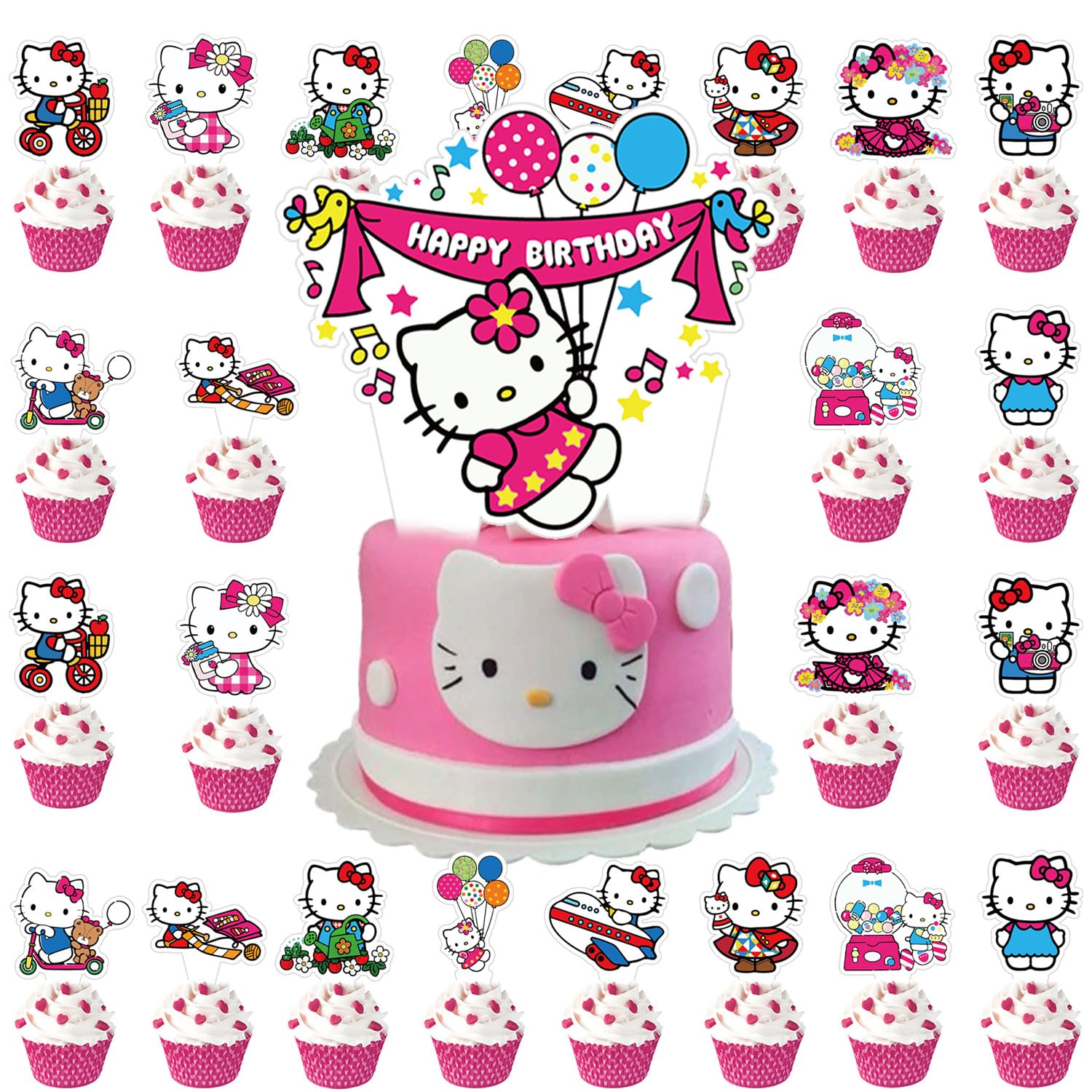 AGner 𝓗𝓮𝓵𝓵𝓸 𝓚𝓲𝓽𝓽𝔂 Birthday Party Cake Topper 37Pcs Cartoon 𝓚𝓲𝓽𝓽𝔂 Cat-Themed Birthday Party Supplies Cartoon 𝓗𝓮𝓵𝓵𝓸 𝓚𝓲𝓽𝓽𝔂 Theme Cupcake Decorations for Kids