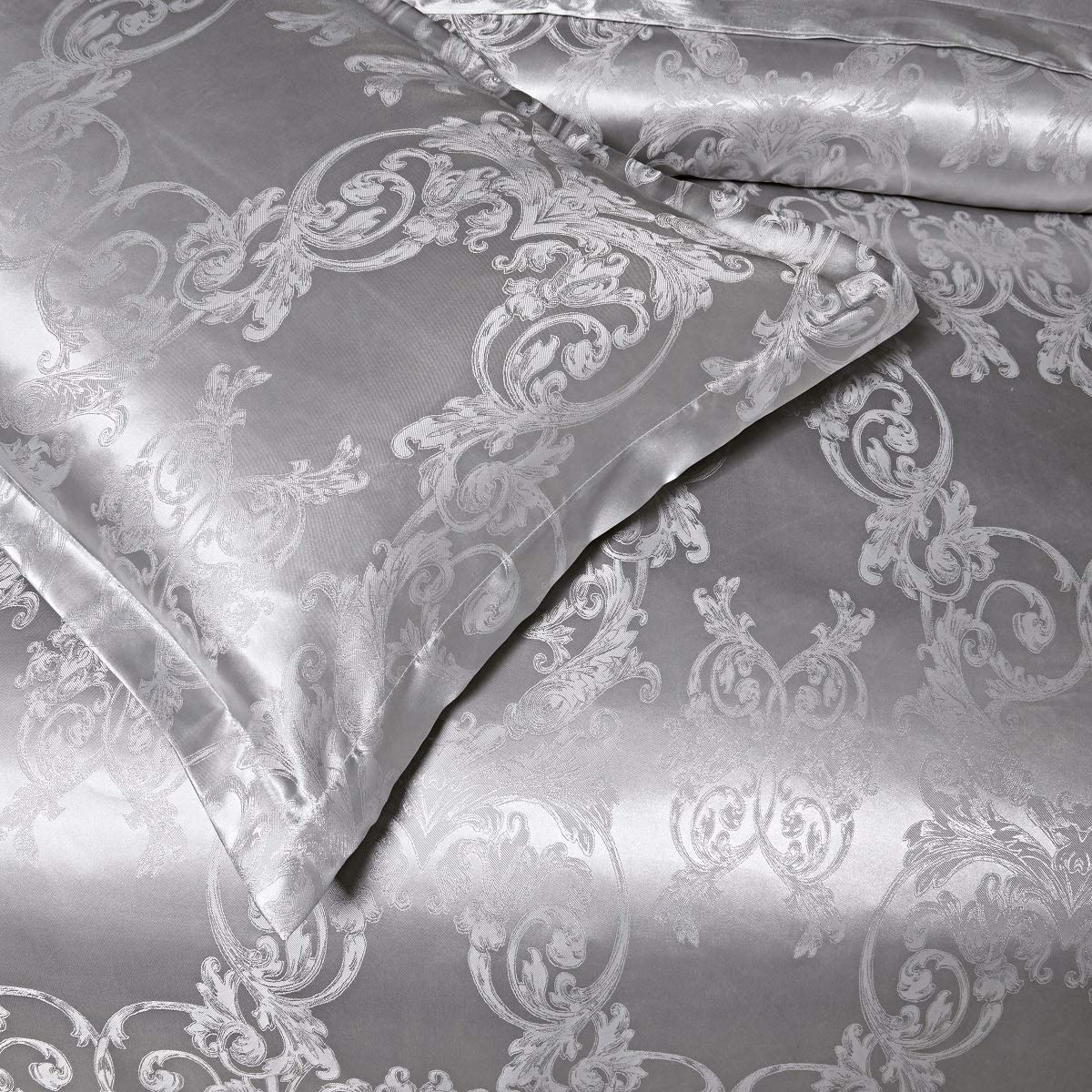 Set di biancheria da letto, 200 x 220 cm, in seta, colore grigio, jacquard, con copripiumino reversibile, in microfibra, con cerniera, motivo floreale