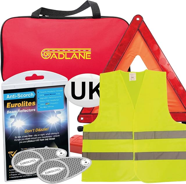 GADLANE 4 Piece Car Travel European Driving Kit - Eurolites Headlamp Beam Deflectors Converters, Warning Triangle, High Visibility Vest & UK Plate - Europe & Driving in France Kit 2022 +