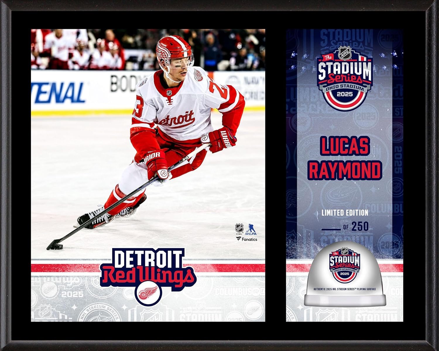 Lucas Raymond Detroit Wings 2025 NHL Stadium Series 12" x 15" Sublimated Plaque with Game-Used Ice - Limited Edition of 250 - NHL Game Used Ice Collages