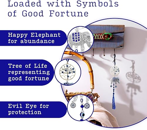 Miniatura 5 de Árbol de la vida de ojo azul de la suerte + colgante doble de elefante feliz con cordón azul y borlas  Adorno para colgar en el coche  Accesorios