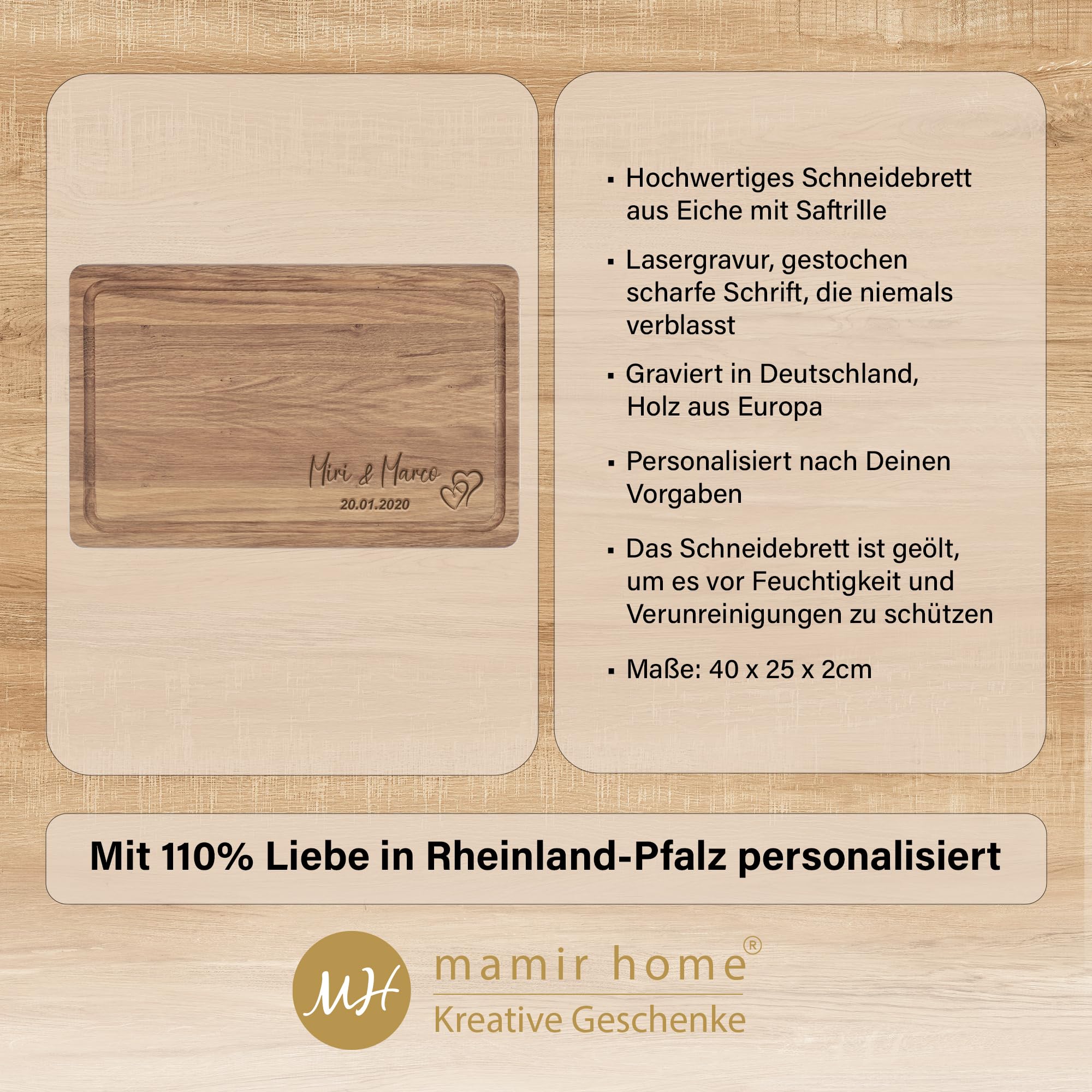 Hochzeitsgeschenk personalisiert mit Name | XL Schneidebrett Holz | Hochzeitsgeschenke für Brautpaar | Jahrestag Geschenk für ihn sie | Eiche 40x25x2cm | Geburtstag Männer Frauen (Herzen)