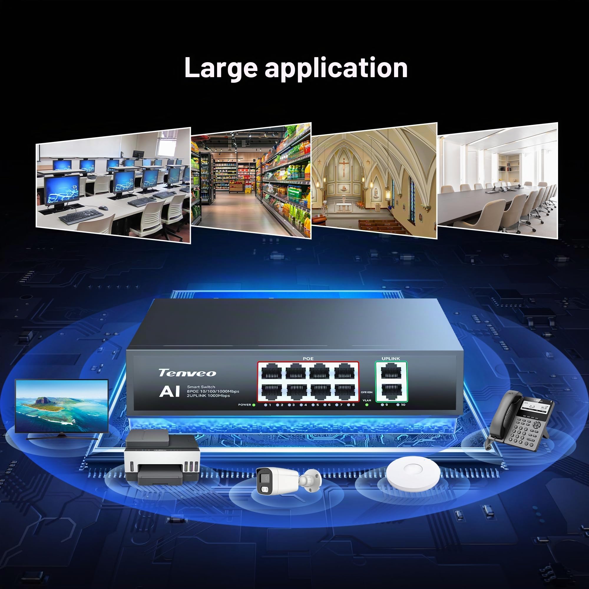 Tenveo Switch PoE 8 Ports Full Gigabit, 8 Ports PoE+ @120W, 2 Ports Uplink, Plug & Play, Support VLAN, Alimentation 802.3af/at 120W, Switch Réseau Intelligent AI pour Streaming en Direct