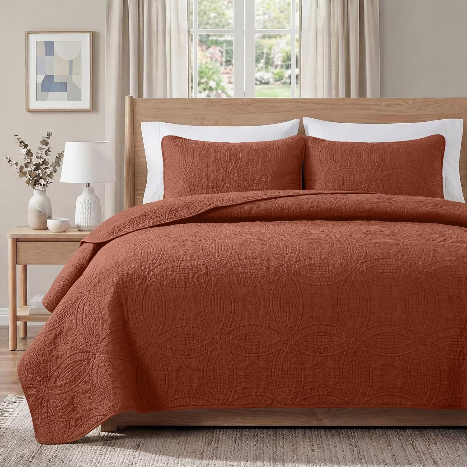 Poboton Queen Quilt Bedding Set, Umber Queen Bed Cover, Lightweight Bedspread Coverlet for All Season Summer, Soft Ultrasonic Modern Style Coin Pattern, 3 Pieces (1 Quilt, 2 Pillow Shams)