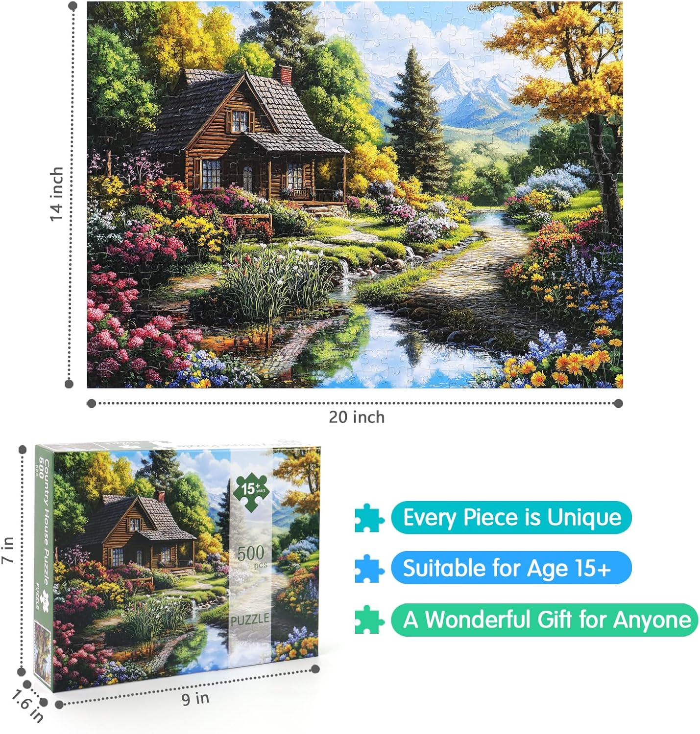 Motiloo Jigsaw Puzzles 500 Pieces for Adults - Mountain Cottage Landscape Jigsaw Puzzle, Nature Scene Challenging Puzzle Perfect for Game Nights