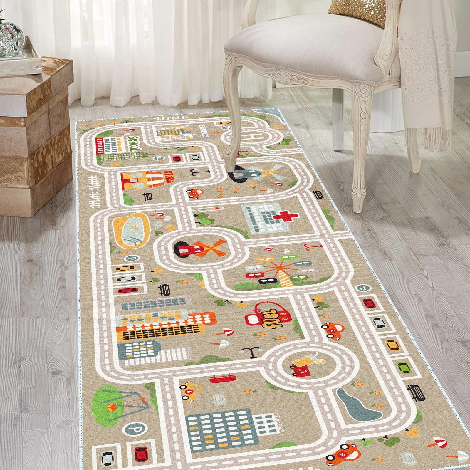 Kids Car Train Rug, 2' x 4' Boys Play Carpet, Floor Mat Playmat for Playroom Bedroom Kids Toddler Room?Non Slip Rug Backing (Grey, 2' x 4')