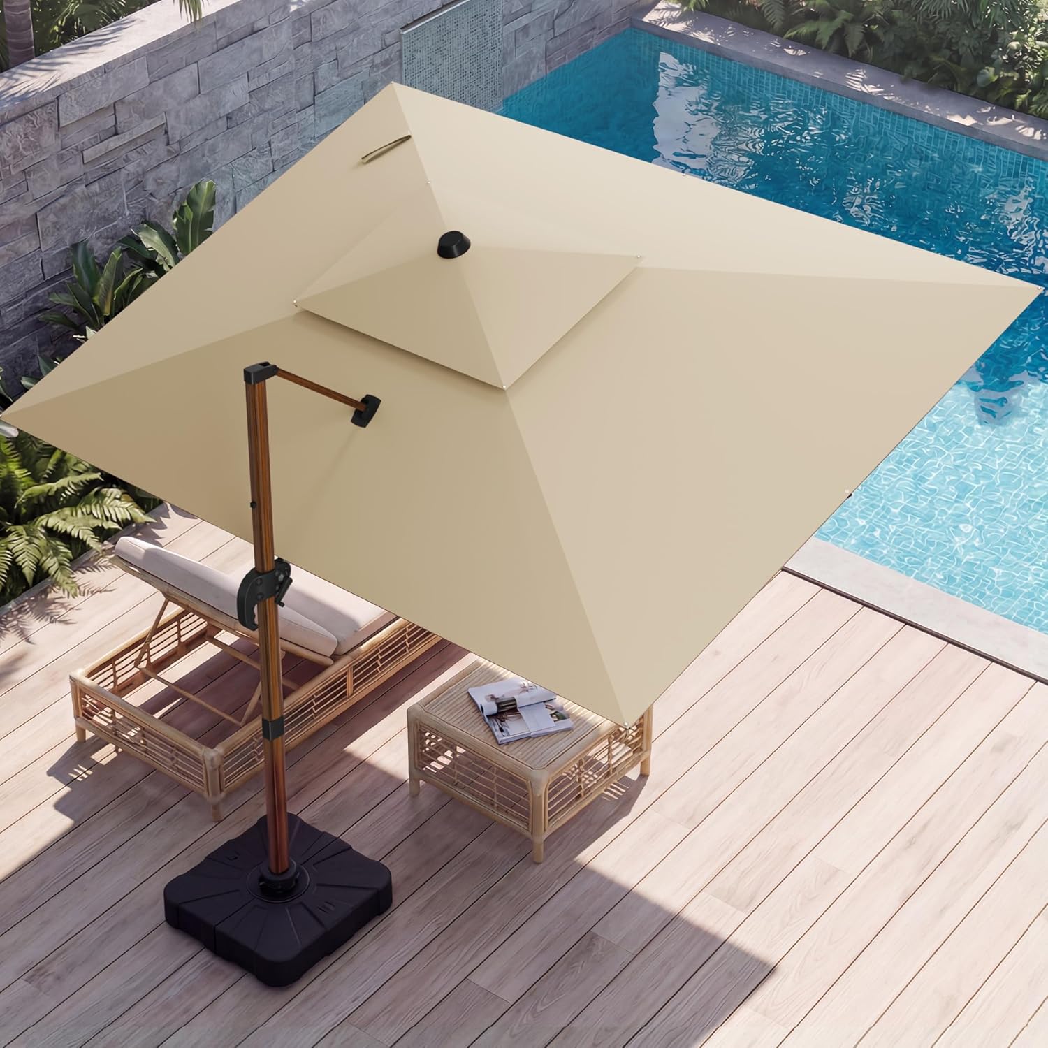 10x13 FT Wood Pattern Patio Umbrella Large Deluxe Cantilever Rectangular Double Top Heavy Duty Offset Umbrellas with 360