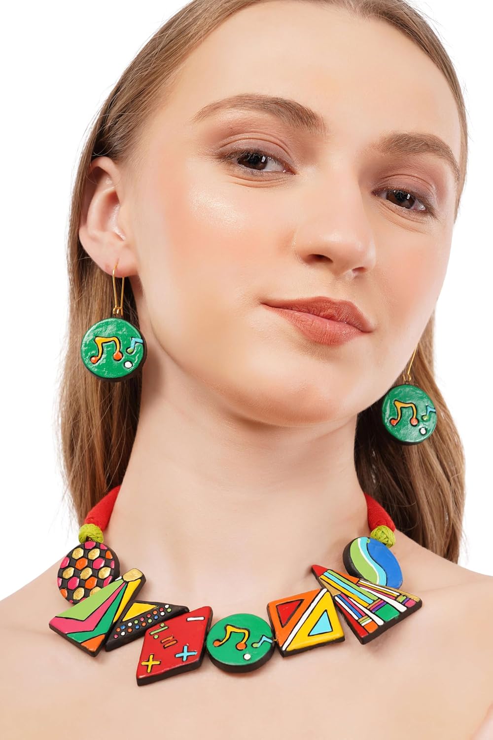Bold Multicolor Geometric Terracotta Jewelry Set Hand-Painted Clay Necklace with Earrings | Artisan Handmade Statement Boho Jewelry for Women | Gift for Her