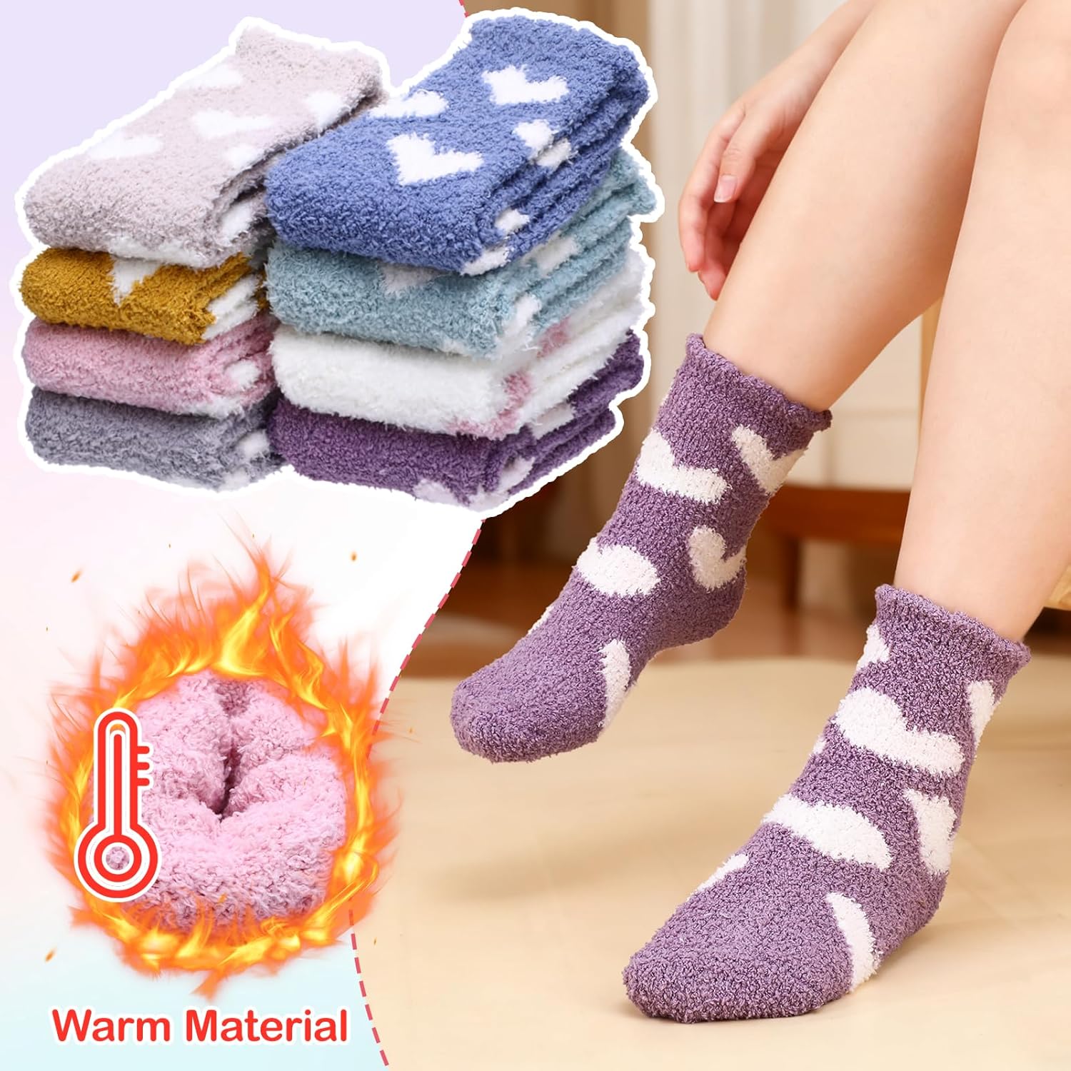 8 Pairs Heart Fuzzy Socks for Women Cute Cozy Warm Slipper Socks Fluffy Home Sleeping Sock for Heart Gift - Image 6