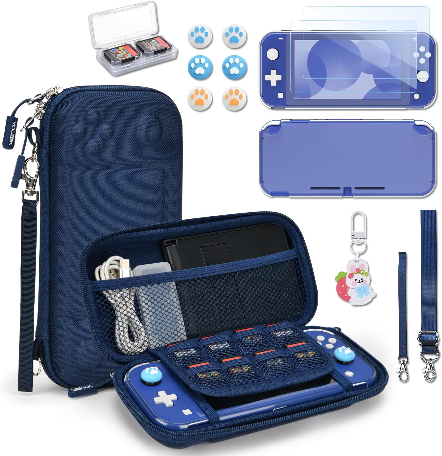 Younik Switch Lite Case, Portable Switch Lite Carrying Case, 14 in 1 Accessories Bundle with Carrying Case, Protective Cover, Game Card Case, Screen Protectors, Thumb Grips, Pendant and Straps (Blue)