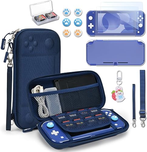 Younik Switch Lite Case, Portable Switch Lite Carrying Case, 14 in 1 Accessories Bundle with Carrying Case, Protective Cover, Game Card Case, Screen Protectors, Thumb Grips, Pendant and Straps (Blue)