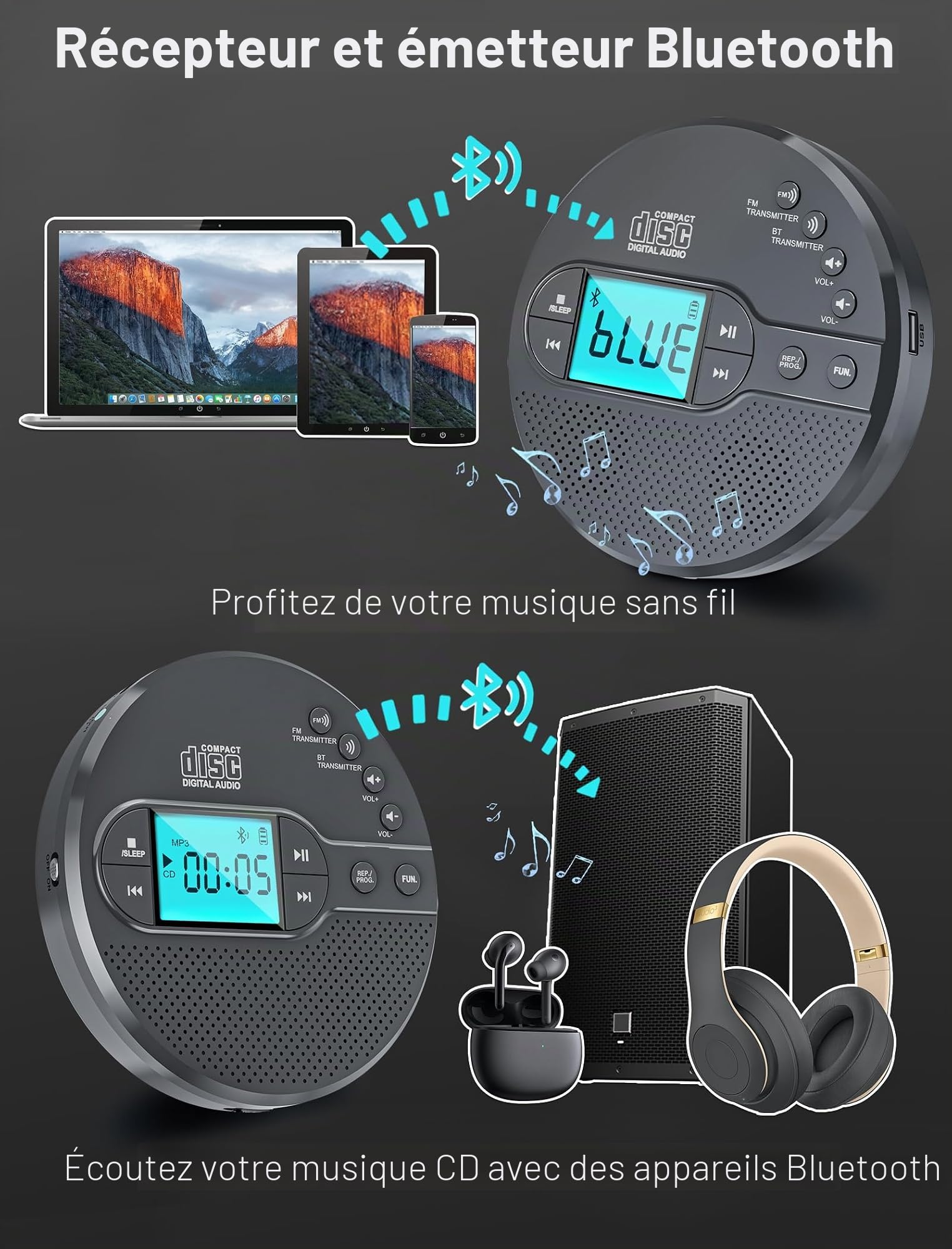 Discman Lecteur CD avec émetteur FM Bluetooth, écouteurs, écran LCD, AUX, haut-parleur intégré, port USB, lecteur CD rechargeable portable 2000 mAh (gris clair)