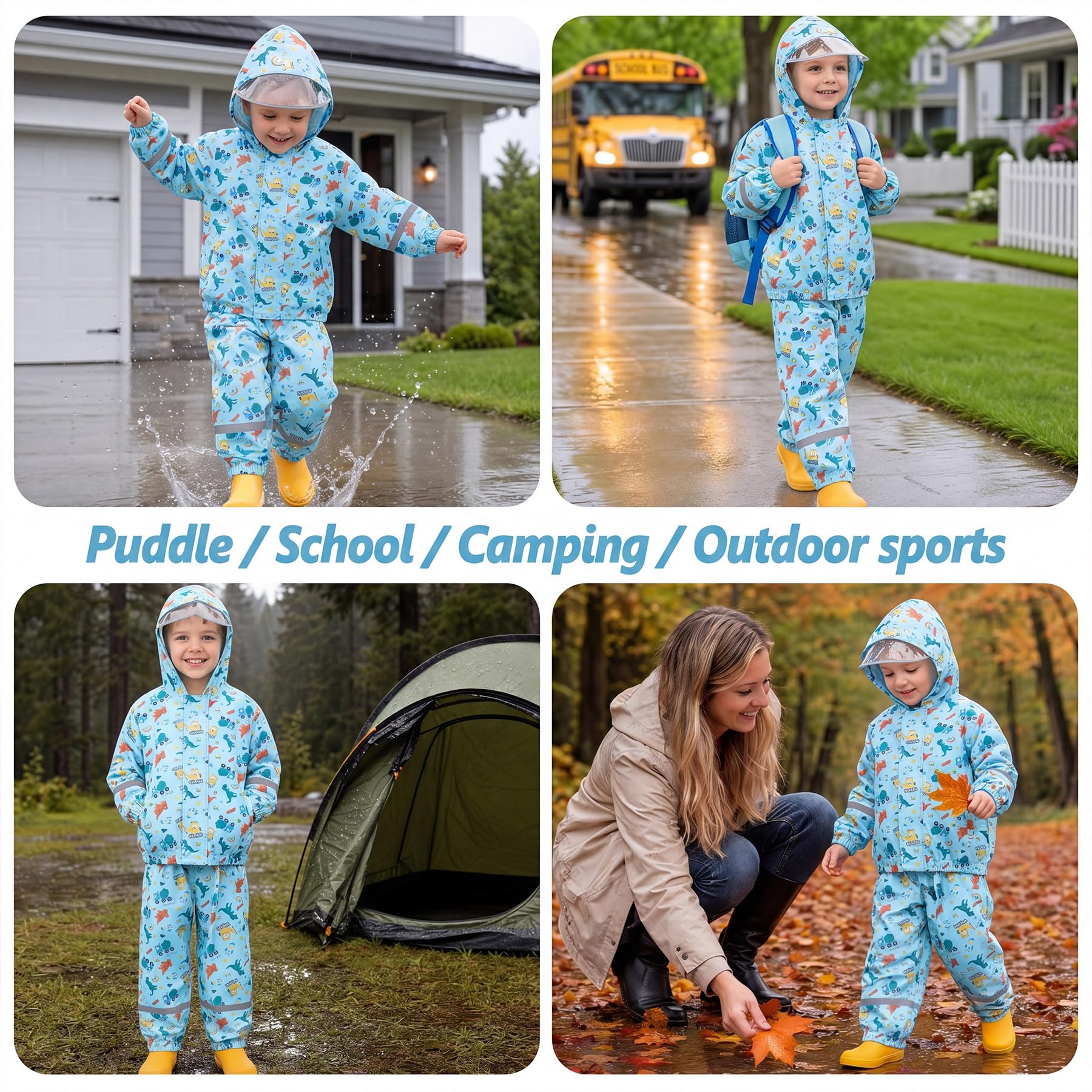 Chubasquero Niño Niña Ligero Conjunto Impermeable con Capucha y Reflectante Estampado Chaqueta Lluvia & Pantalones Traje de Lluvia Abrigos, Exteriores Ropa para Infantiles 1-7 años