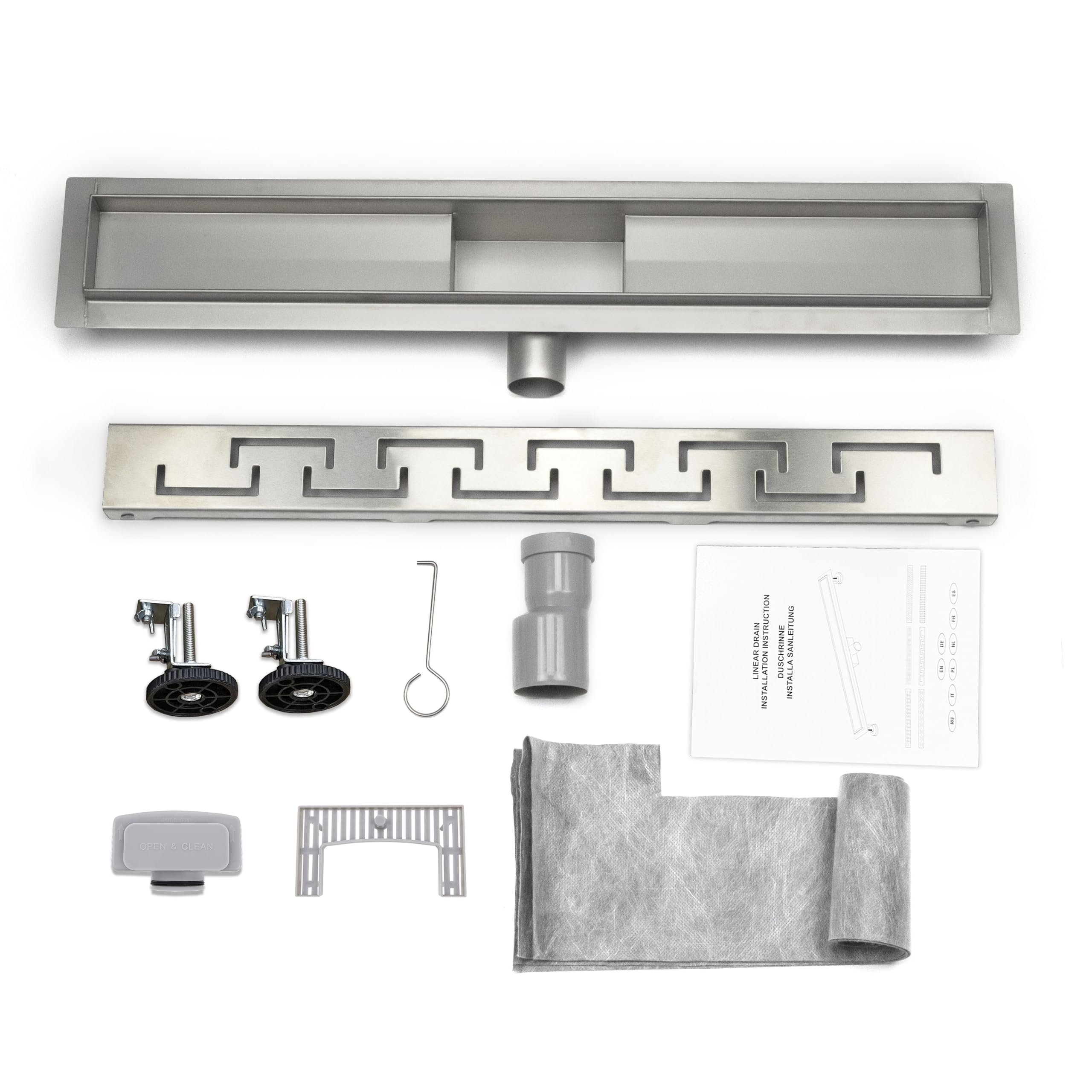 Caniveau de douche en acier inoxydable 90 cm, siphon avec système anti-odeurs, écoulement de douche pour salle de bain, kit complet avec fixation au sol, grec