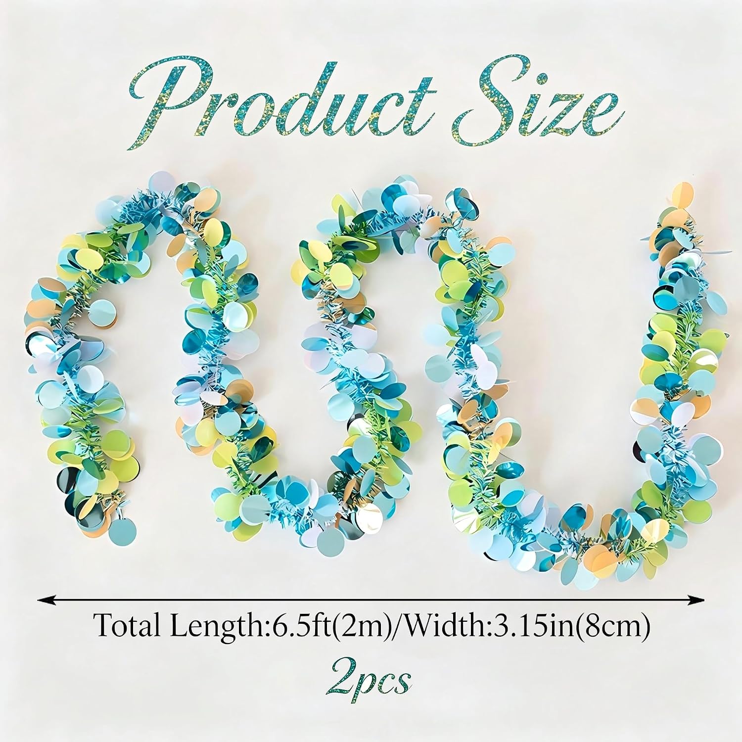 2 Pack 6.5Ft Blue Green Tinsel Garland, Tropical Confetti Streamers for Luau Beach Ocean Themed Birthday Bachelorette Baby Shower Party, Hanging Garland for Classroom Home Office Decor