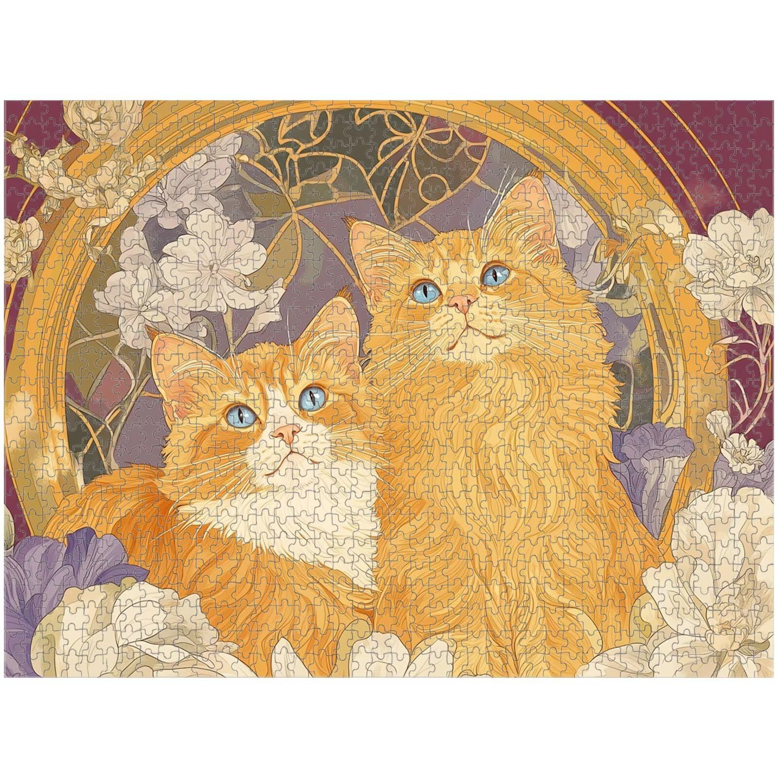 1000 elementów puzzle dla dorosłych kwiat i kot solidne drewniane puzzle 1T#543 | Drewniane puzzle, precyzyjne cięcie, jasne atramenty, relaksujący wypoczynek, wystrój domu, prezent, 50x75cm