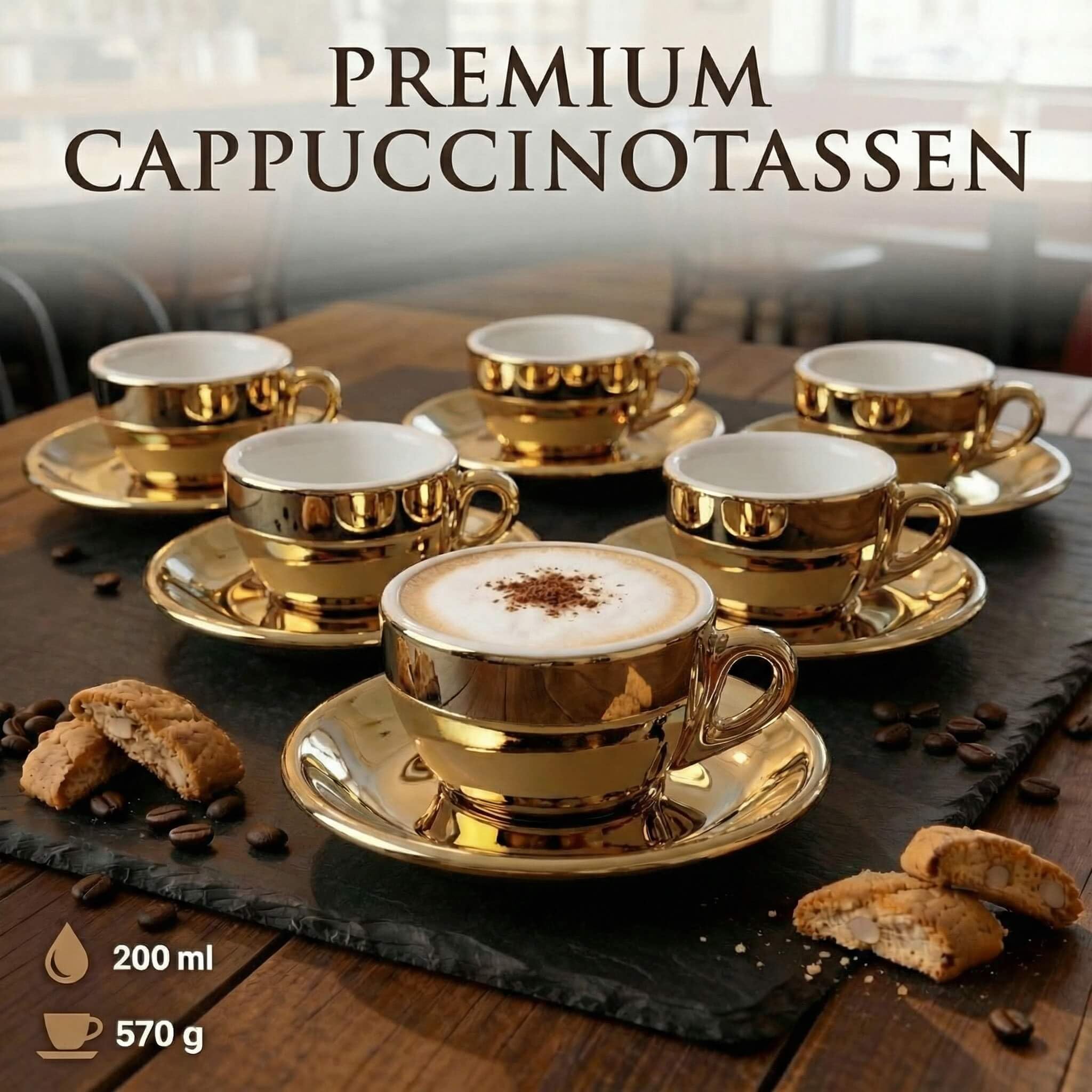 6 x filiżanka do cappuccino 200 ml | złoty - chrom | styl włoski | grube ścianki i ciężkie | zestaw 6 filiżanek do cappuccino ze spodkami - zestaw upominkowy