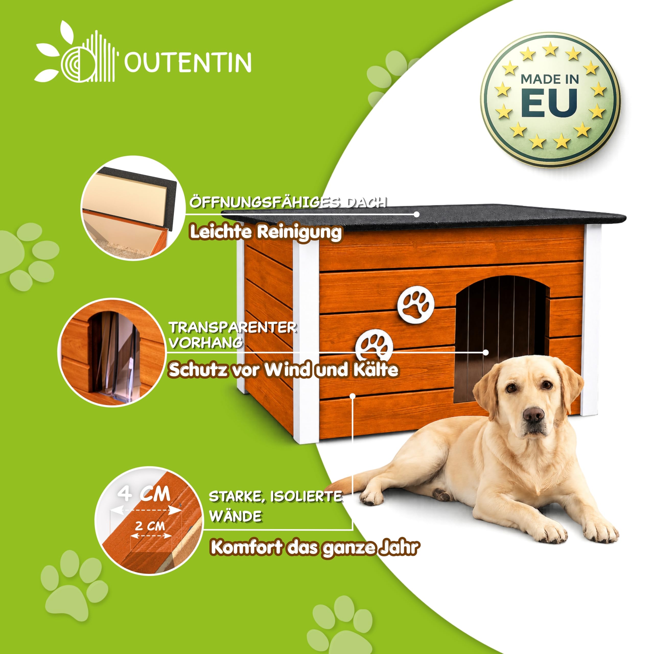 Outentin Hundehütte Outdoor Winterfest - Hundehaus für Große Hund - Isoliert und Wetterfest - Hunde Haus für Draußen mit zum Öffnen Flachdach - Stabile und Moderne Villa - 105 x 71 x 64cm - Teak