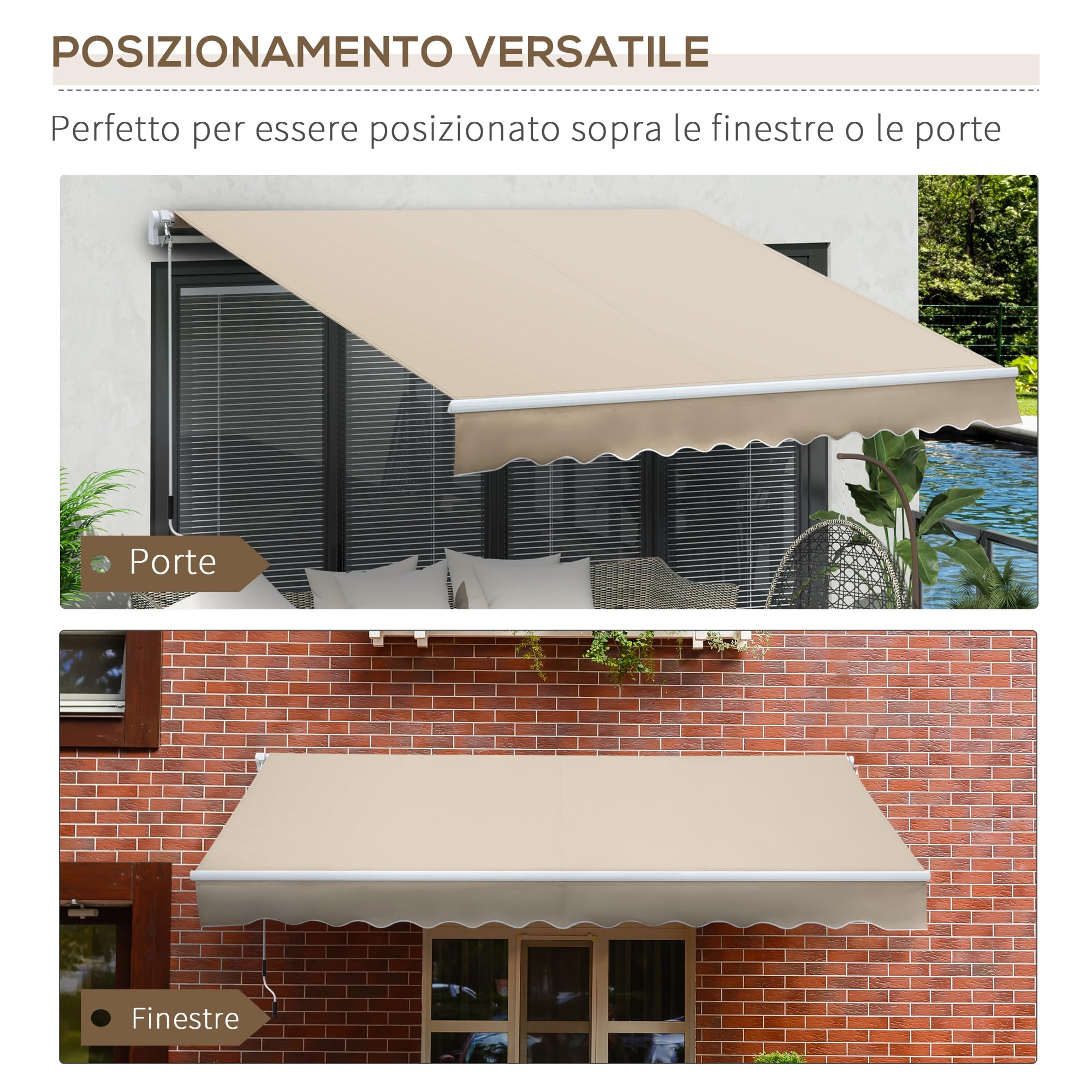 Outsunny Tenda da Sole 3.5x2.5 m Braccio Avvolgibile Manovella Alluminio Poliestere 280 g/㎡ UV30+ Crema