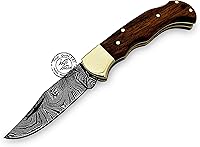 Vista 2 de Cuchillo de bolsillo de damasco hecho a mano de madera de rosa, plegable, cuchillo de caza, cuchillos plegables para hombres con mango de madera