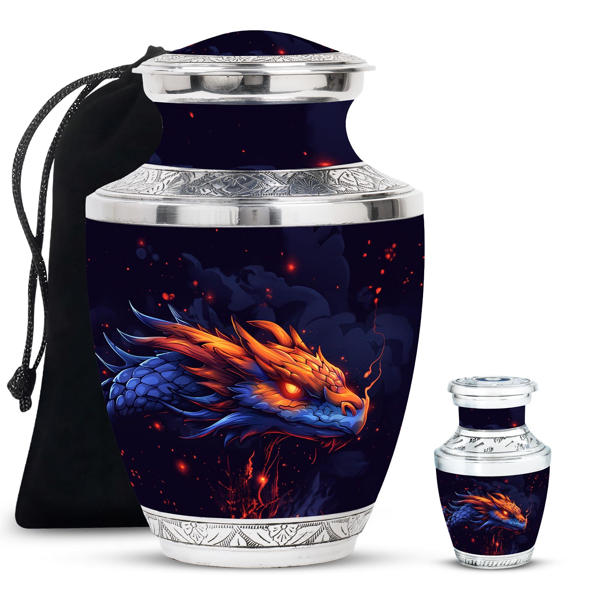 YATHABHISA Dragon Urn, Burial Urns for Adult Human Ashes - Large & Small Keepsake for Men & Women - Memorial Urn - Combo of 1 Large Urn with Velvet Bag and 1 Small - Decorative Urns, Black