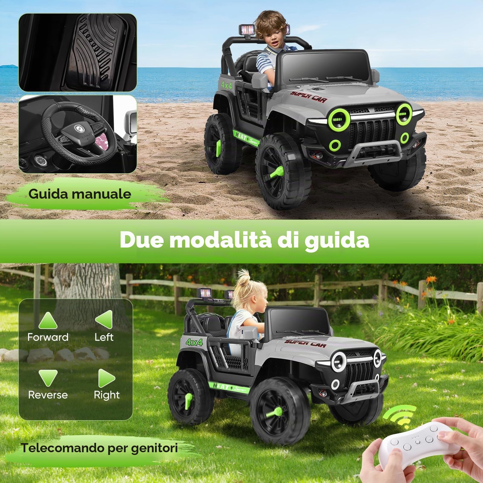 Macchina Elettrica Per Bambini 12 V,telecomando per genitori,motori gemelli da 35 W,velocità massima di 5,2 km/h,lettore musicale, sospensioni a 4 ruote, luci a LED,cintura di sicurezza（Grigio）