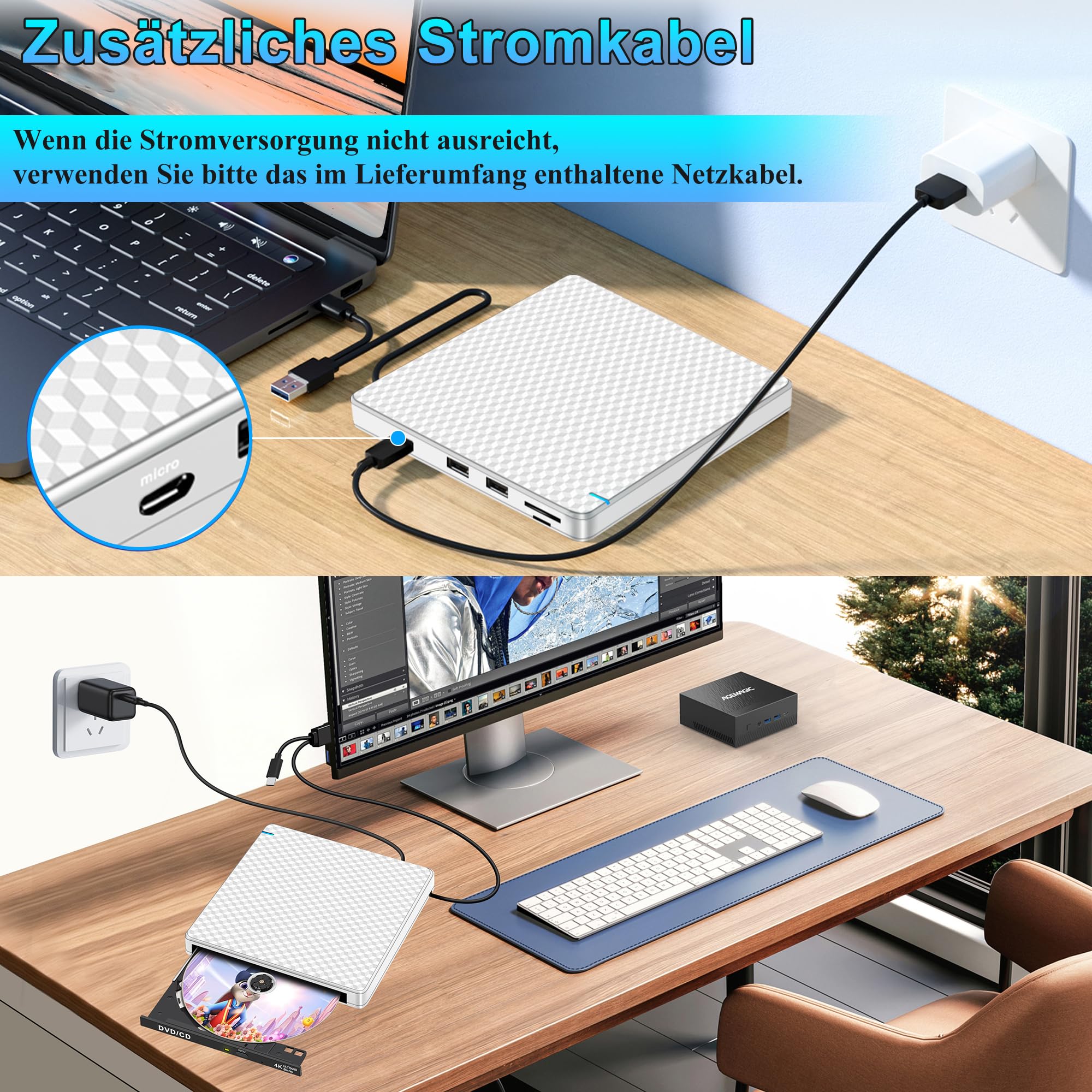 Externes 4K Blu Ray Laufwerk: USB C UHD Bluray Brenner Extern für Mac MacBook Laptop mit SD TF Kartenslot USB Ports Tragbar 3D DVD CD BDXL Externe Blu-ray Laufwerke für PC Windows 11