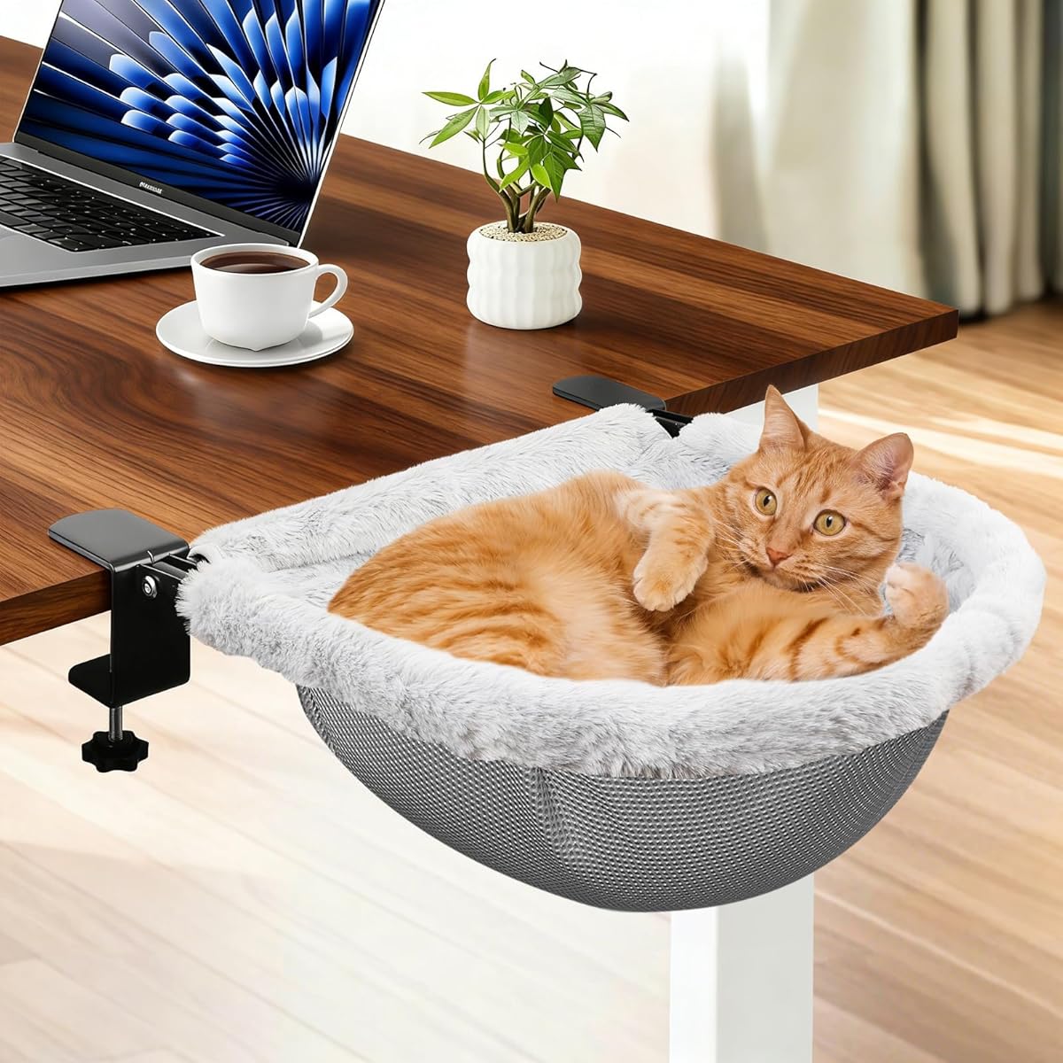 X-Large Cat Desk Bed | 19"x15" Spacious Retreat, Dual Clamps & Sunken Hammock Design, Comfy Cat Desk Hammock with Faux Rabbit Fur Cover, Removable & Washable, Holds Up to 40lbs