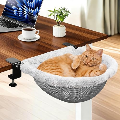 JinxZap X-Large Cat Desk Bed | 19"x15" Spacious Retreat, Dual Clamps & Sunken Hammock Design, Comfy Cat Desk Hammock with Faux Rabbit Fur Cover, Removable & Washable, Holds Up to 40lbs - X-Large