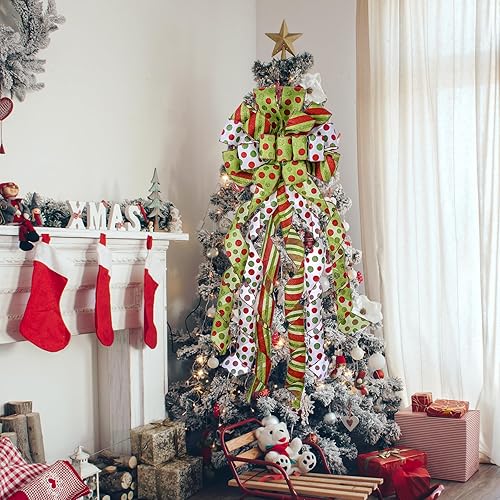 Miniatura 7 de Decoración para árbol de Navidad, lazo grande verde para árbol de Navidad, lazo de regalo de poliéster con lunares rojos y verdes, lazo de regalo
