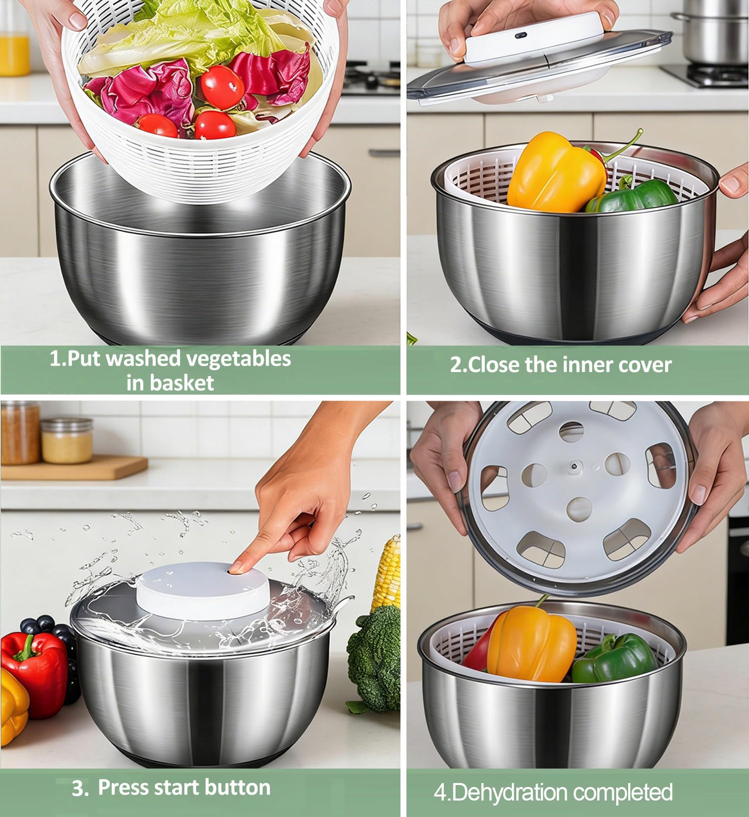Essoreuse à Salade en Acier Inoxydable avec Couvercle de 4,8 l et Base Antidérapante – Grande Spinner à Salade– Essoreuse à Salade Electrique pour Laitue, Fruits, sans BPA et Passe au Lave-Vaisselle