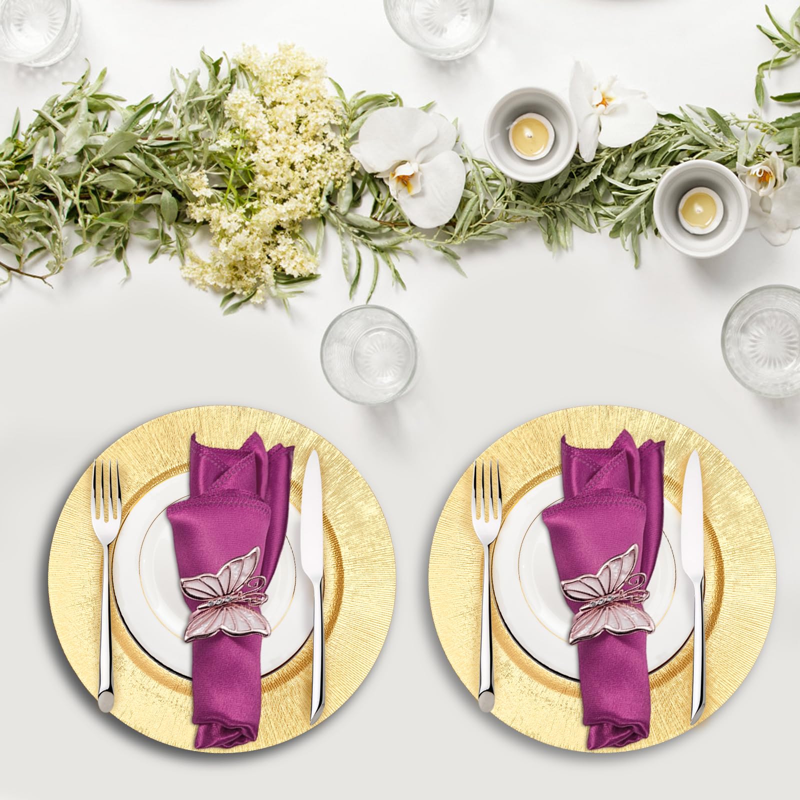 GXFCHYL 50Pcs Round Chargers Plates Bulk 13Inch Plastic Charger Serving Plates Reusable Plate for Table Setting Wedding Party Event Tabletop Setting Decor (Gold)