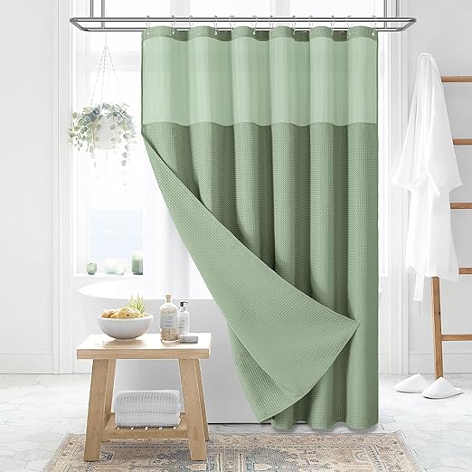 Dynamene Fabric Shower Curtain with Snap in Liner, Sage Green Waffle Hotel Shower Curtains for Bathroom, Washable Waterproof Cloth Shower Curtain Liner Set with Plastic Hook, Mesh Top Window, 72x72