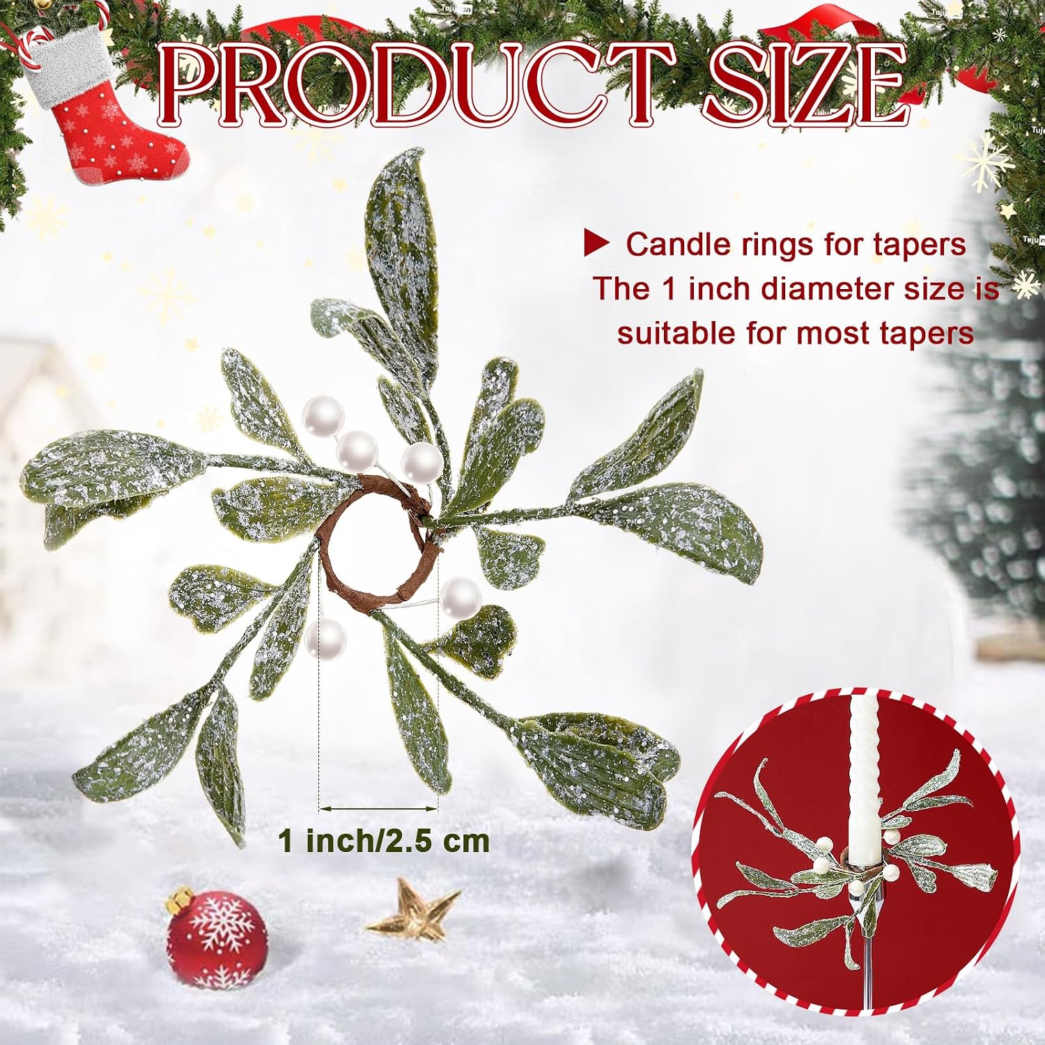 Daifunli 5 Pcs Christmas Taper Candle Rings 1 Inch Christmas Candle Ring for Taper Artificial Mistletoe Wreath with Pearl Beads Lambs Ear Wreath for Tapers Candles Home Table Decor (White)