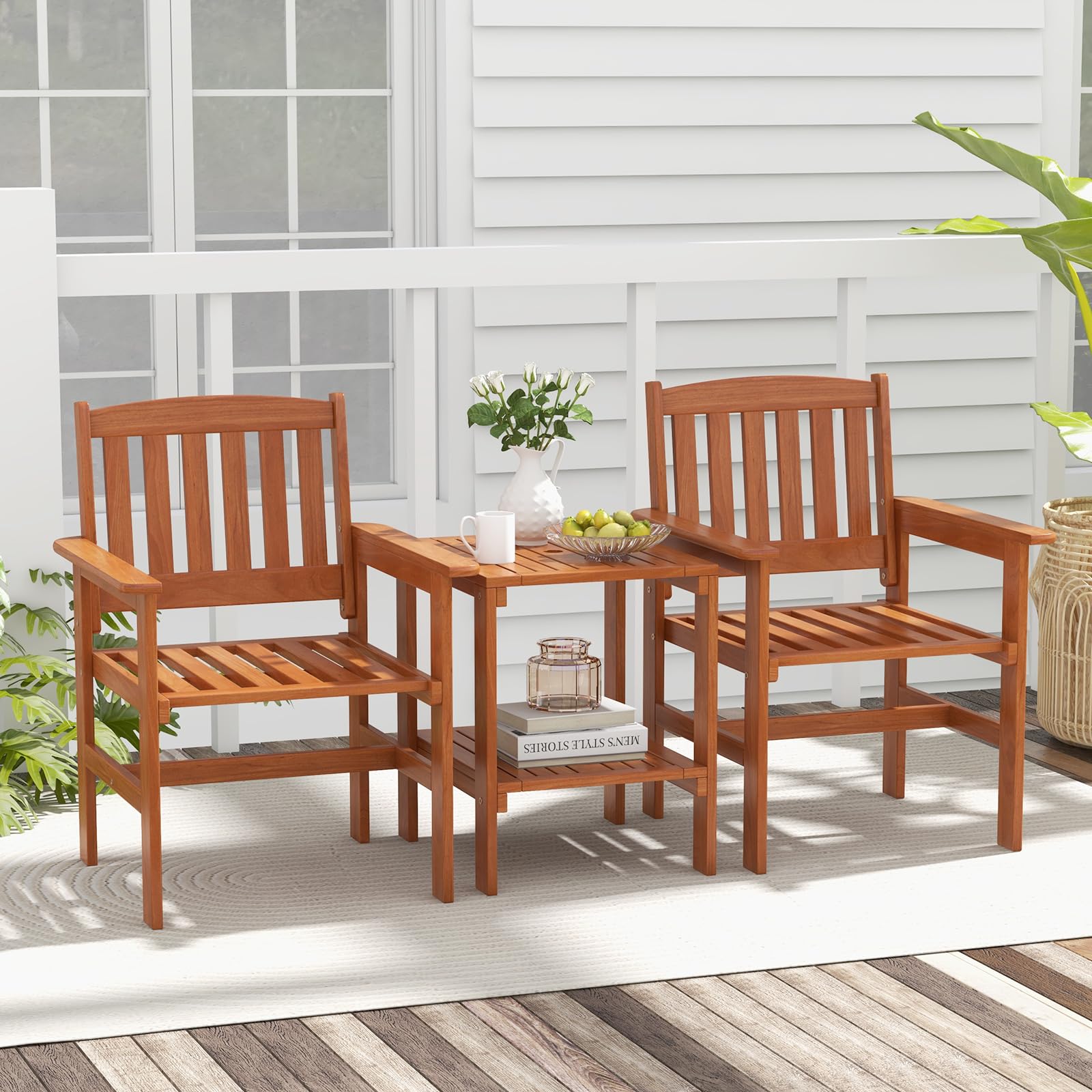 COSTWAY Set di 3 Pezzi da Giardino, Tavolino e 2 Sedie da Patio in Legno, con Foro per Ombrellone, Set di Mobili da Esterno a 3 Pezzi per Giardino, Tavolino Portato 35 kg, Sedia Portata 120 kg
