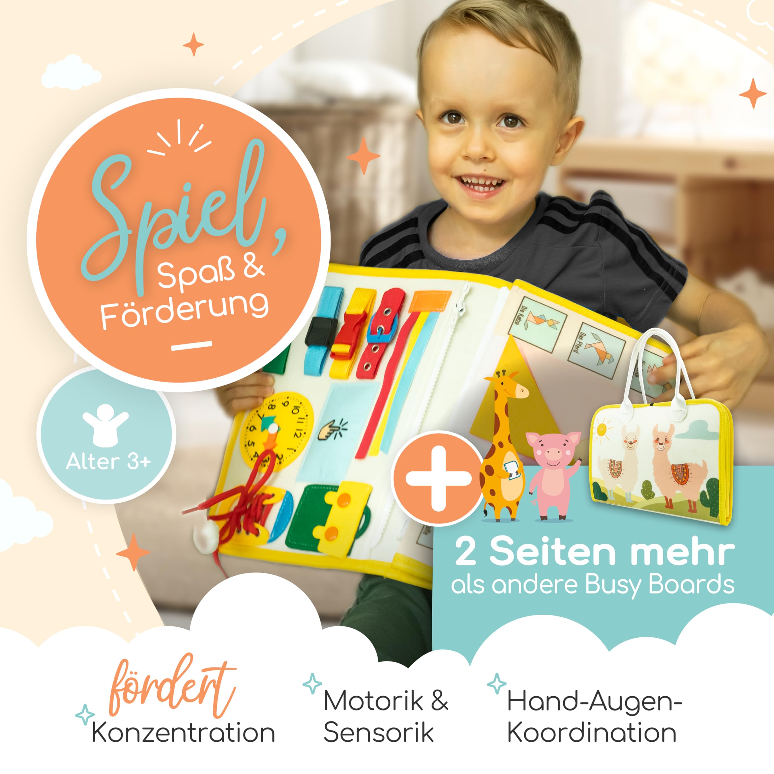 zoula kidz® Busy Board 3 Jahre - Activity Buch mit 8 Seiten - sicheres Montessori Buch für die Autofahrt und Activity Book zur Beschäftigung im Flugzeug & Reisespielzeug aus weichem Filz (Alpaka) - 3