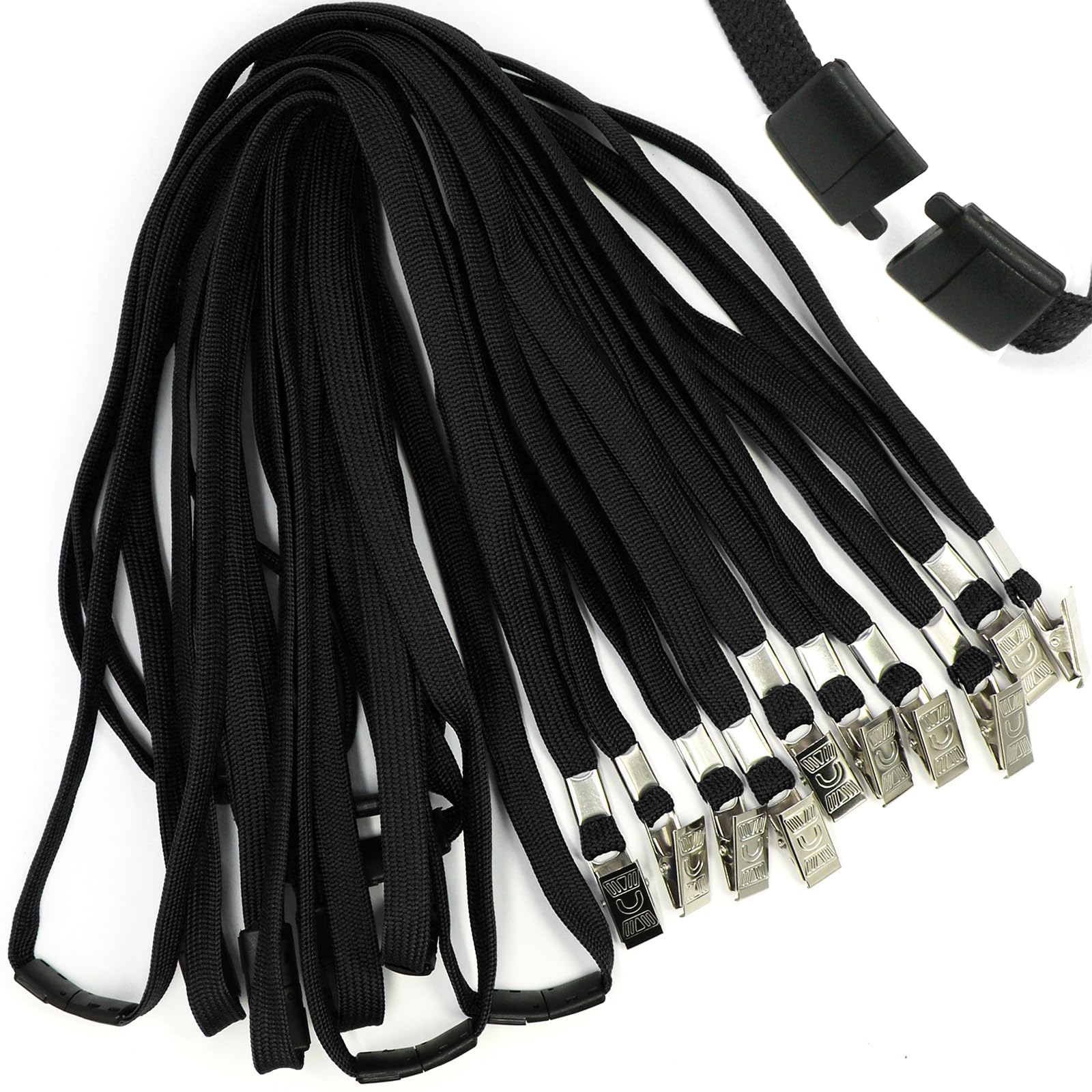 Ollain Lanyard with Safety Breakaway Buckle 50 Pack Lanyards Badge Clip Bulk Flat Lanyards for Id Badges Name tag (Black)