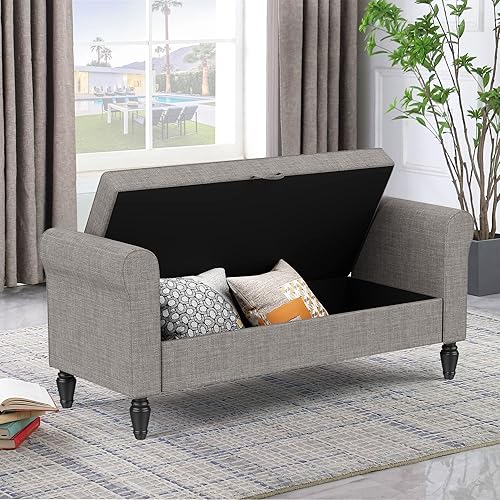Miniatura 1 de Alunaune Banco de almacenamiento tapizado gris para dormitorio, extremo del banco con banco otomano de almacenamiento, moderna tela de lino