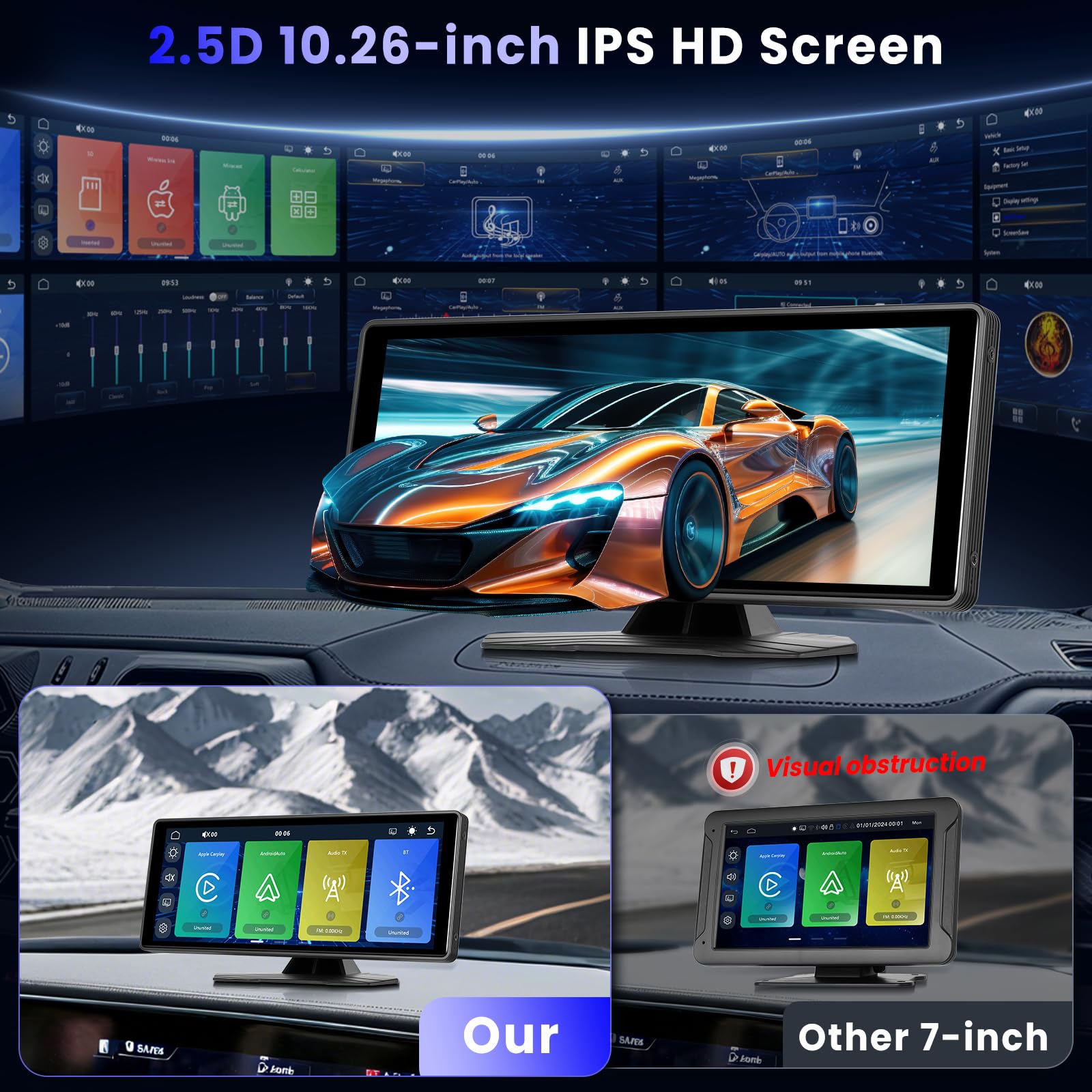 Hodozzy Bezprzewodowy ekran samochodowy Carplay z systemem Android, 10,26 cala, przenośne radio samochodowe Bluetooth z ekranem dotykowym IPS, EQ/Airplay, sterowanie głosem, nadajnik AUX/TF/FM +