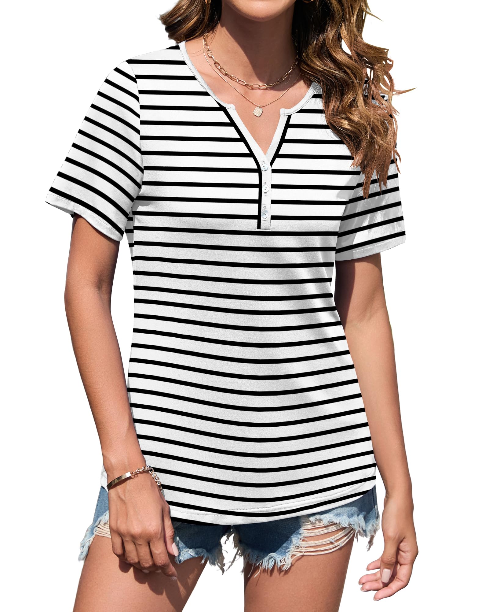 WNEEDU Tee Shirt Femme Col V T-Shirt Manches Courtes Haut Ete Basique Top Elegant avec Bouton
