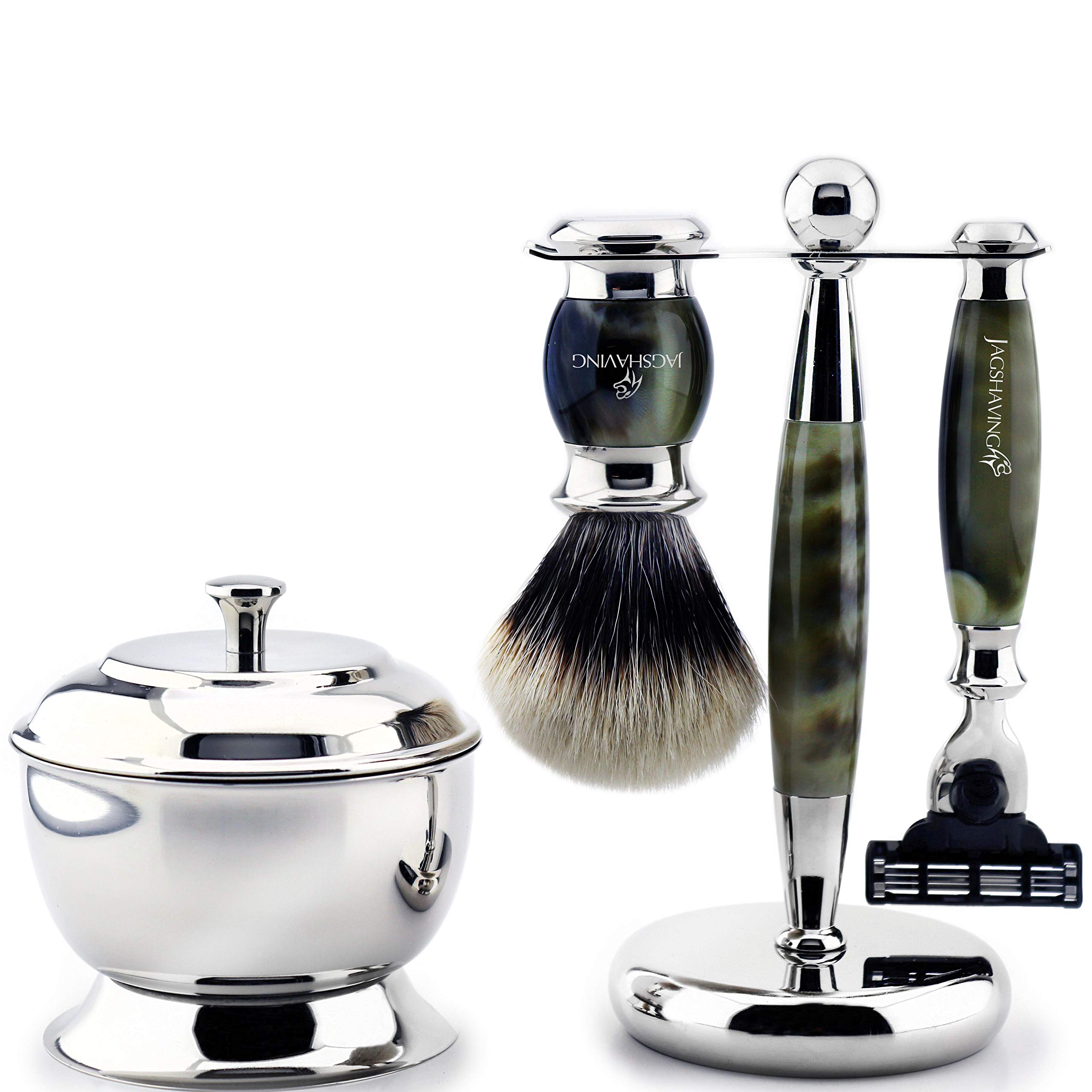 Newly Designed by JagShaving .Horn Replica Handle - 3 Piece Set with 3 Edge Disposable Cartridge Razor, White Synthetic - Silver Tip Badger Hair Brush, Stand & Steel Bowl. Limited Edition !!!