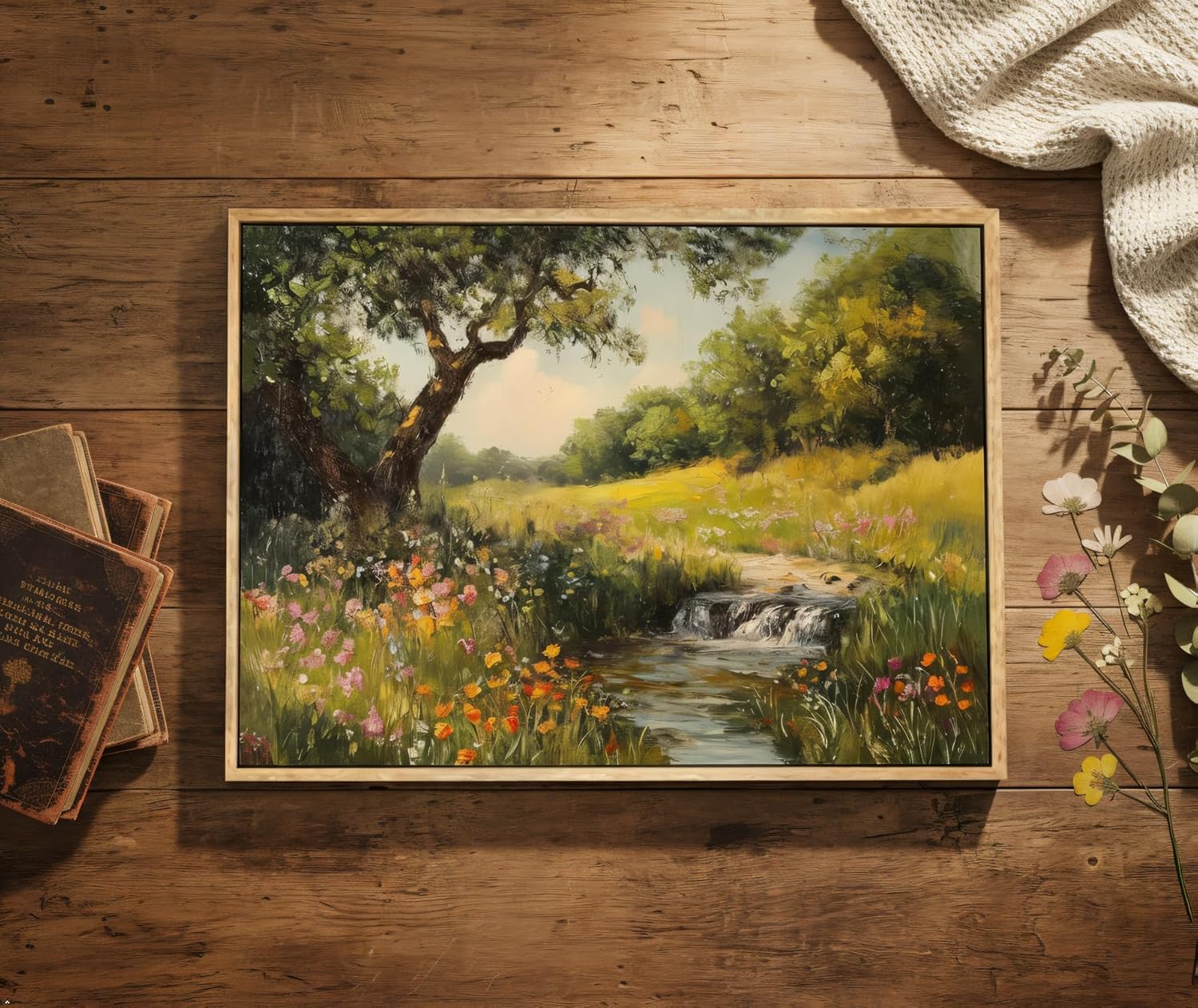 Framed Vintage Canvas Wall Art Poplars Stream Nature Landscape Painting Picture Wall Decor Rustic Flower Cottagecore Print Artwork for Bedroom Living Room Bathroom Home Decoration 16x24in