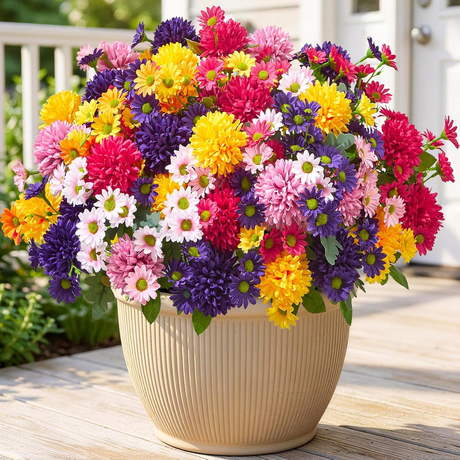Artificial Flowers for Outdoors, 8 Bundles UV Resistant Fake Daisy & Mums, Faux Flowers for Outdoor Planters Window Box Porch Patio Garden Decor, Fade Resistant Silk Flowers