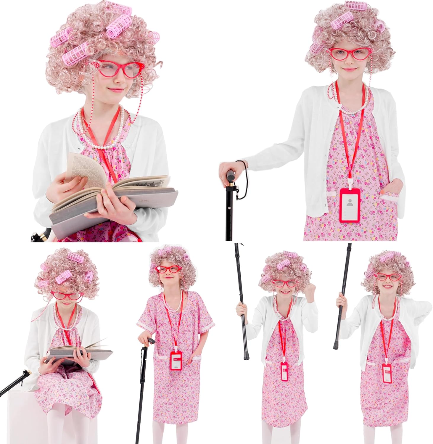 Kids 100 Days of School Costume for Girls, Old Lady Costume wig cardigan sweater and Granny Grandma Set for Child