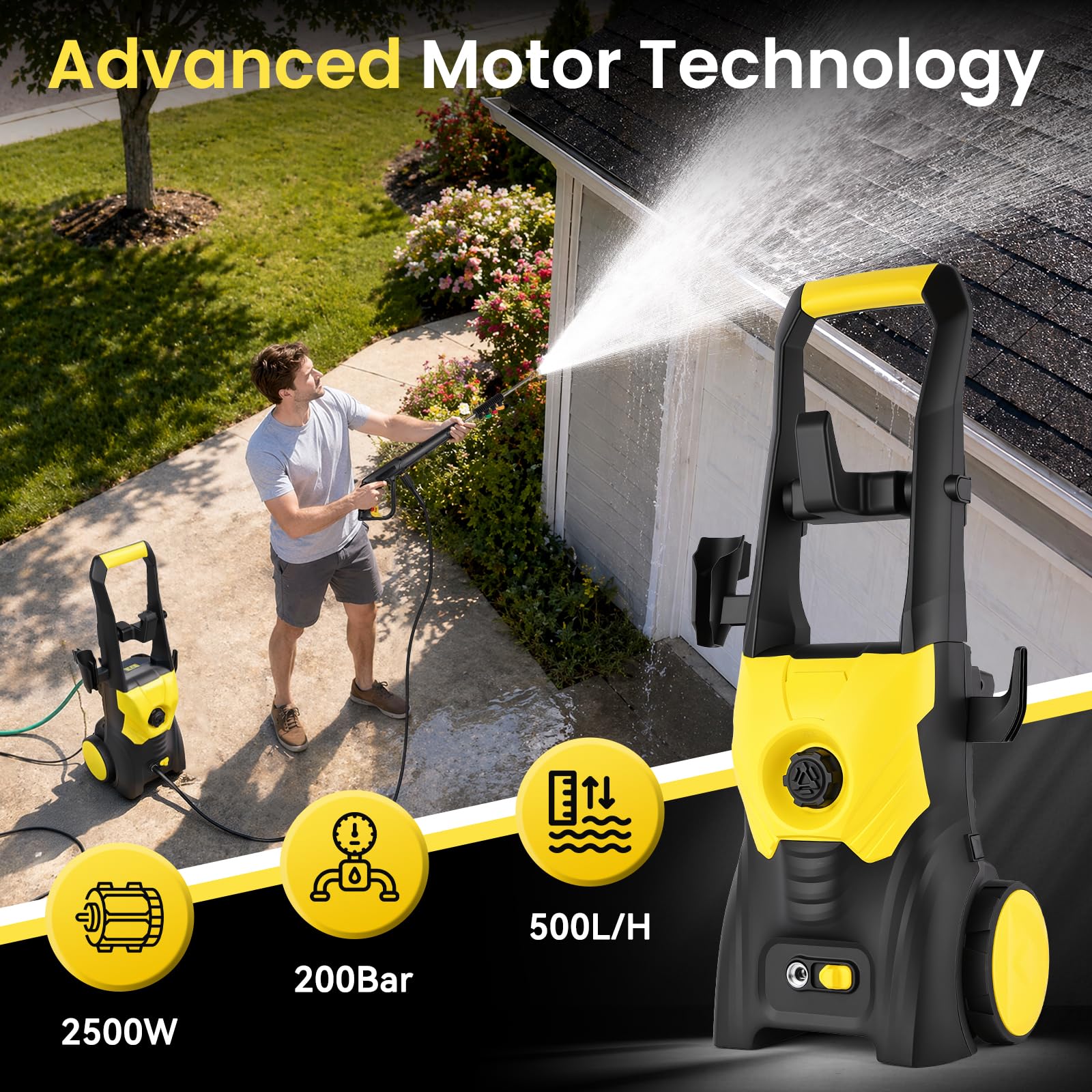 2500W Idropulitrice Professionale, Max 200 Bar, con Schiuma, 4 Ugelli e Tubo 10m, Portata di Pulizia di 500L/H,per Auto, Patio, Vialetti, Recinzioni, Pavimenti, Colore Giallo