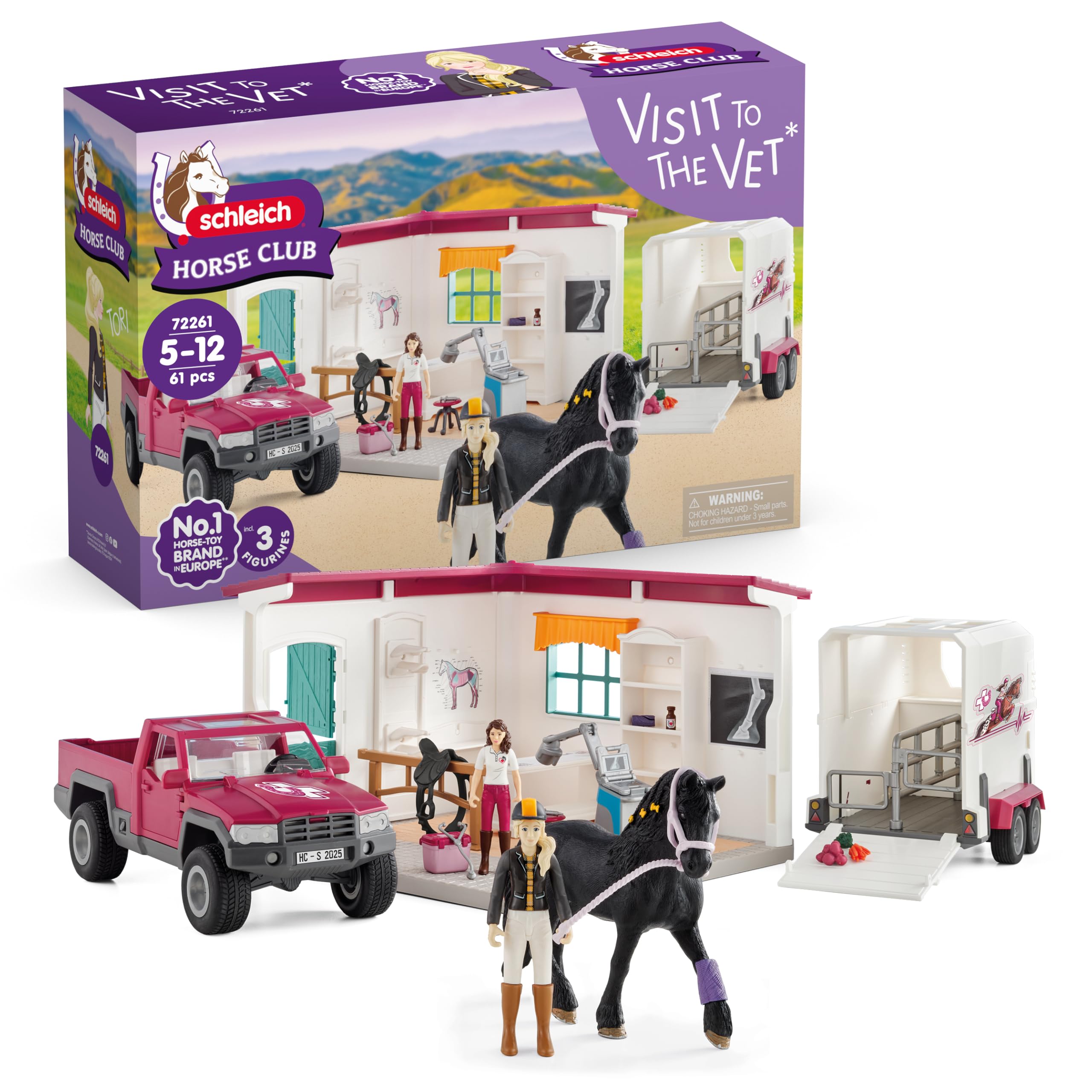 schleich Horse Club | Besuch beim Tierarzt 72261 | Set mit Haus, Pick-up, Pferdeanhänger, 2 bewegliche Figuren, Pferd & Zubehör | Geschenk für Kinder ab 5 Jahren | 61-teiliges Set