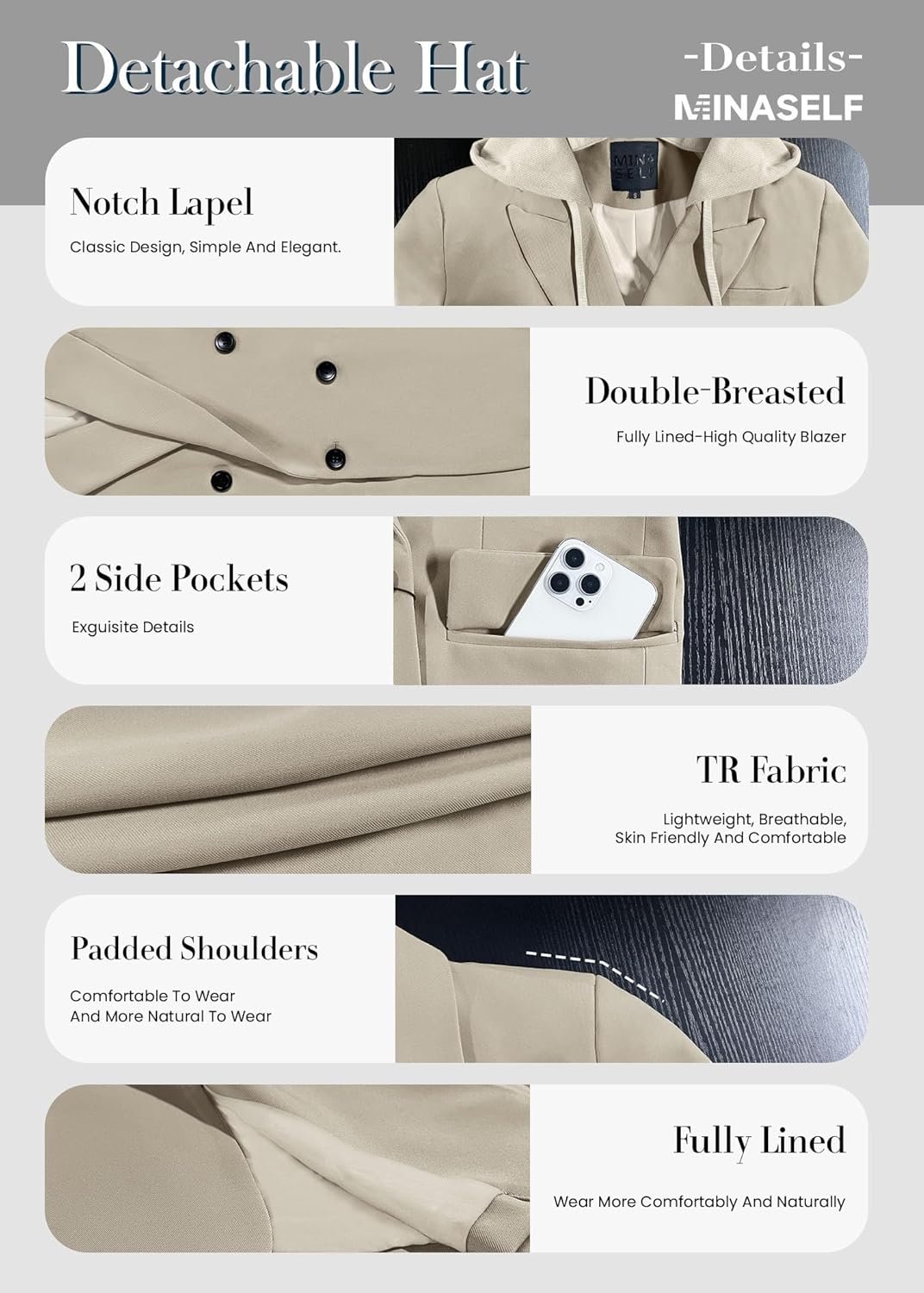 Mina Self 2026 Women's Spring Hooded Blazer Jacket - Double-Breasted Oversize Loose Fully-Lined Work Office Suit with Pockets - Image 5