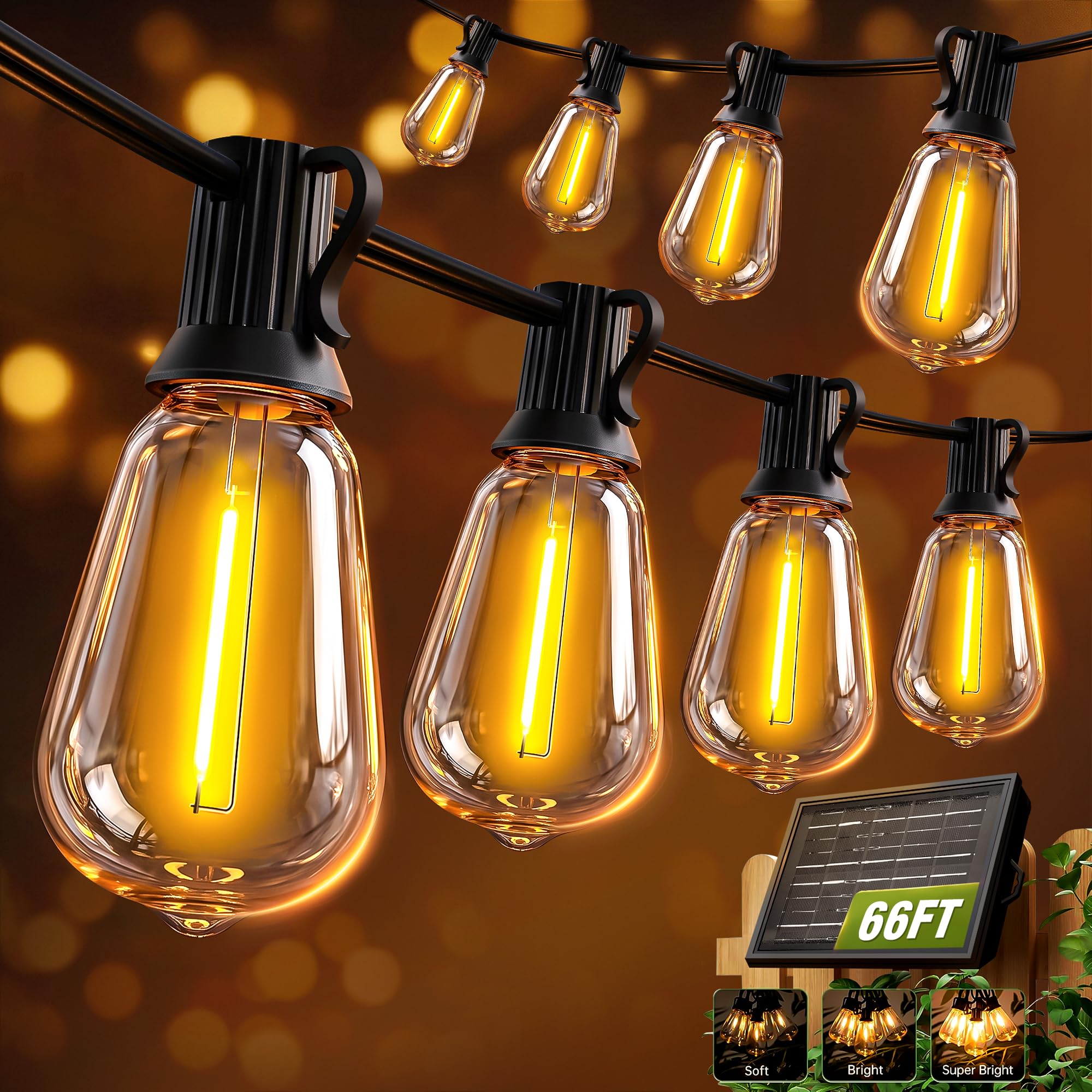 Guirnalda de luces solares para exteriores impermeables con control remoto y temporizador, bombillas LED ST38 inastillables, luces de patio alimentadas por USB y energía solar para patio