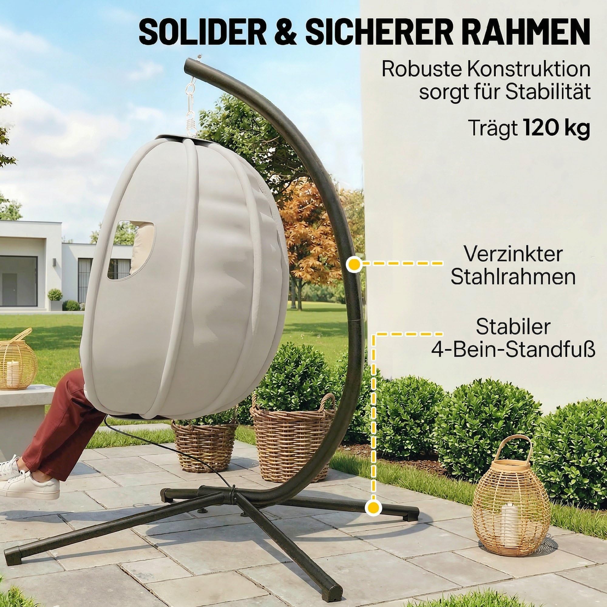 Outsunny Hängesessel mit Gestell Faltbarer Hängekorb 120 kg Hellgrau | Dicke Sitzpolster, Verstellbare Höhe, Sicherheitsgurt, Eiförmige Hängeschaukel, Schaukelsessel, Indoor Outdoor Garten